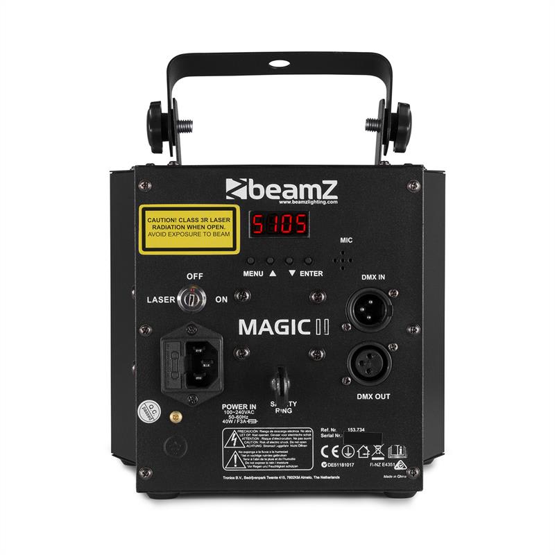 Beamz Magic 2, derby, R/G laser, stroboskop/UV svetelný efekt, 9 DMX kanálov, čierna – Obrázok 3