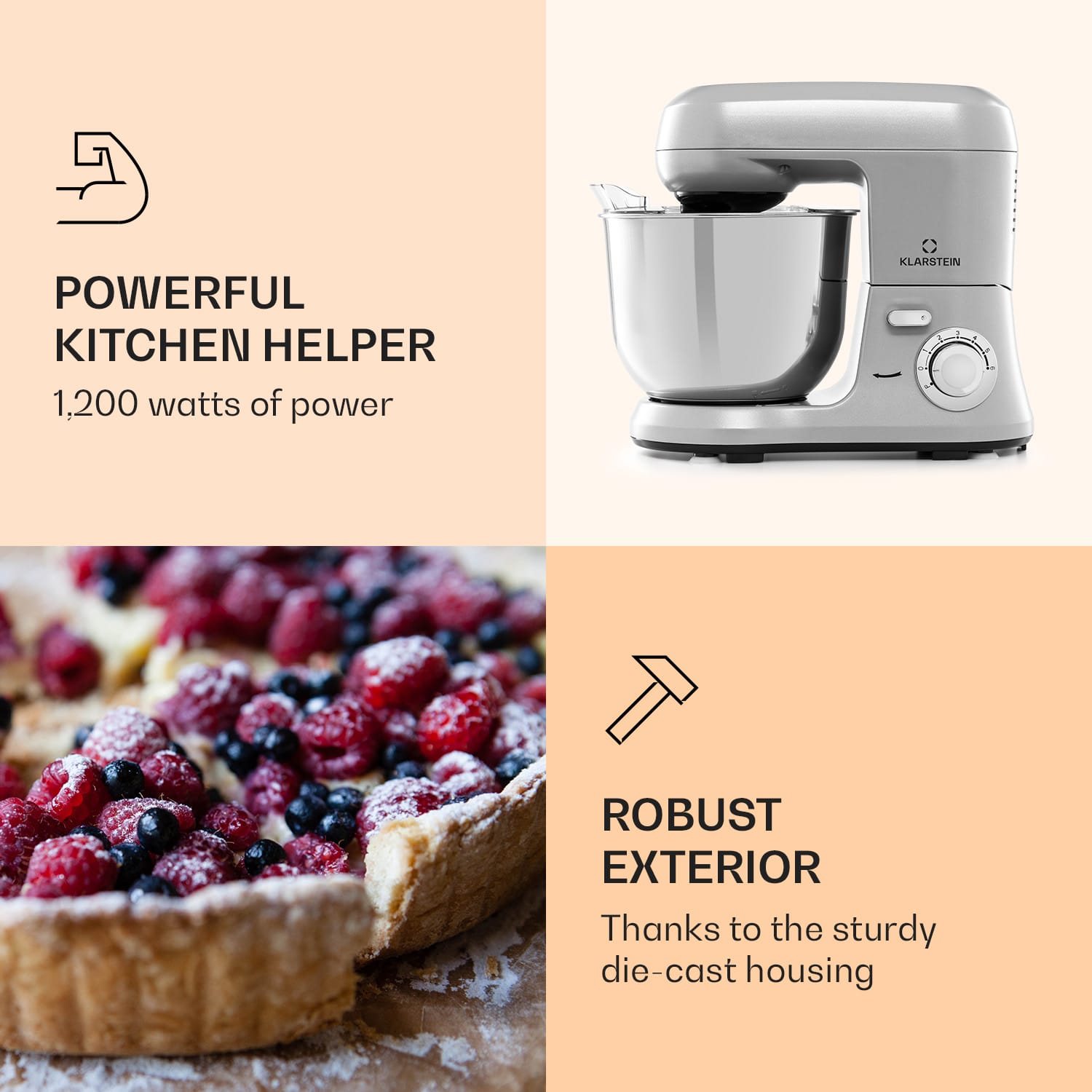 Klarstein Bella Robusta Metal, kuchynský robot, 1200 W, 6 stupňov, 5,5 l – Obrázok 3