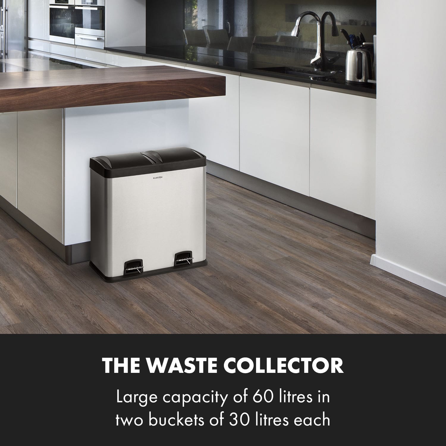 Klarstein Johnny Trash XL, pedálový odpadkový kôš, 60 l/2 x 30 l, PP, ušľachtilá oceľ, kartáčovaná – Obrázok 2