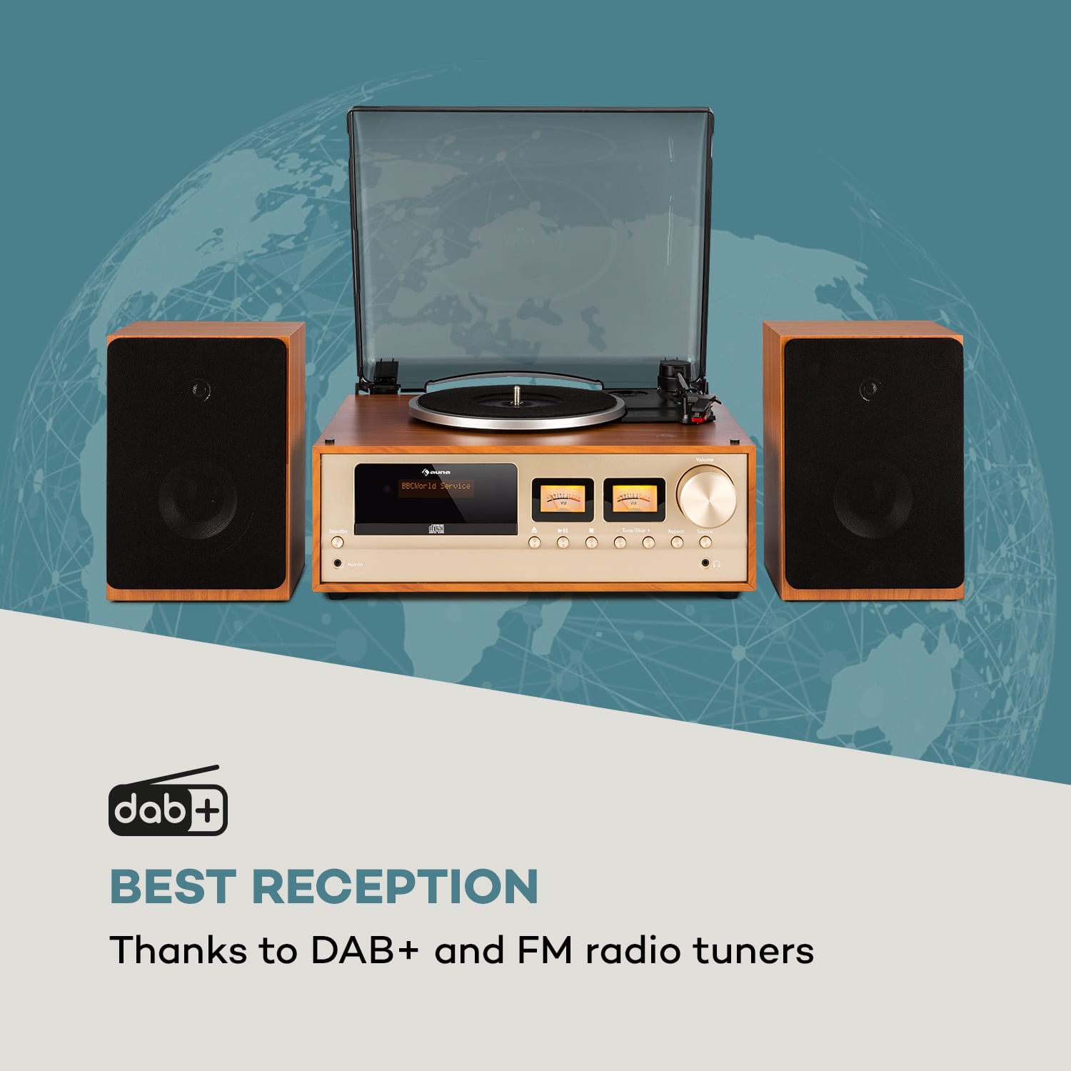 Auna Oxford, retro stereo systém, DAB+/FM rádio, BT funkcia, vinyl, CD, AUX, champagne – Obrázok 3