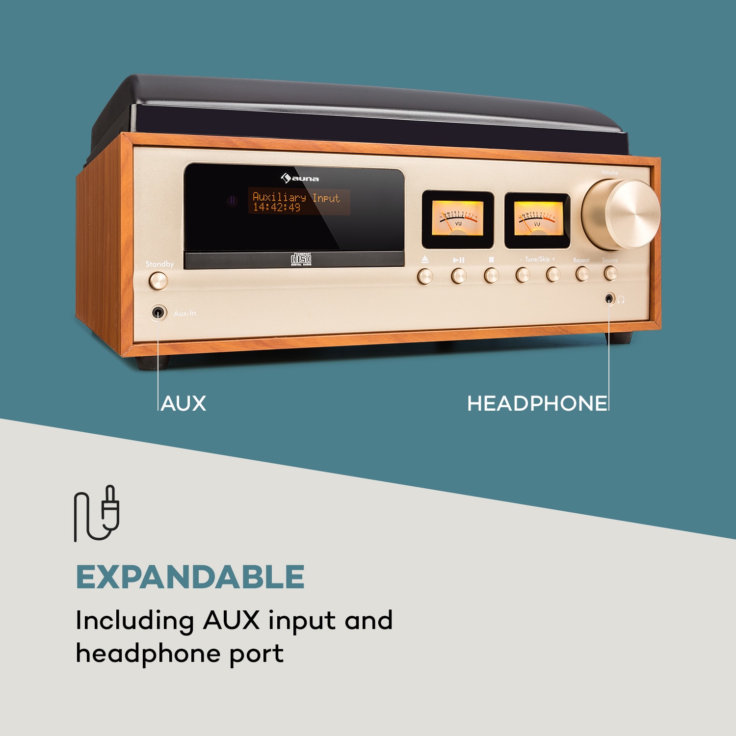 Auna Oxford, retro stereo systém, DAB+/FM rádio, BT funkcia, vinyl, CD, AUX, champagne – Obrázok 5