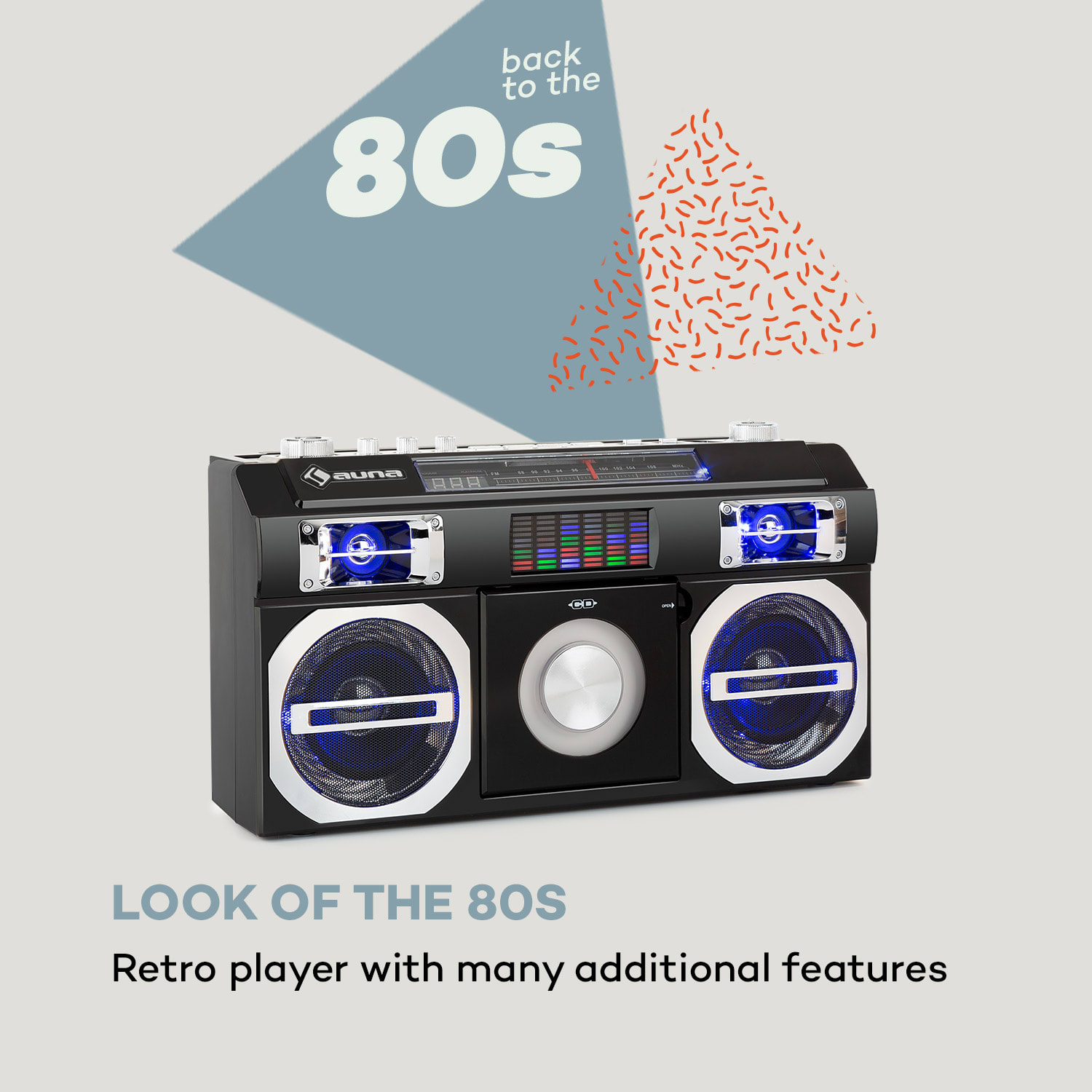 Auna Oldschool, retro prehrávač z 80. rokov, CD, BT, USB, MP3, FM, teleskopická anténa, akumulátor, čierny – Obrázok 2
