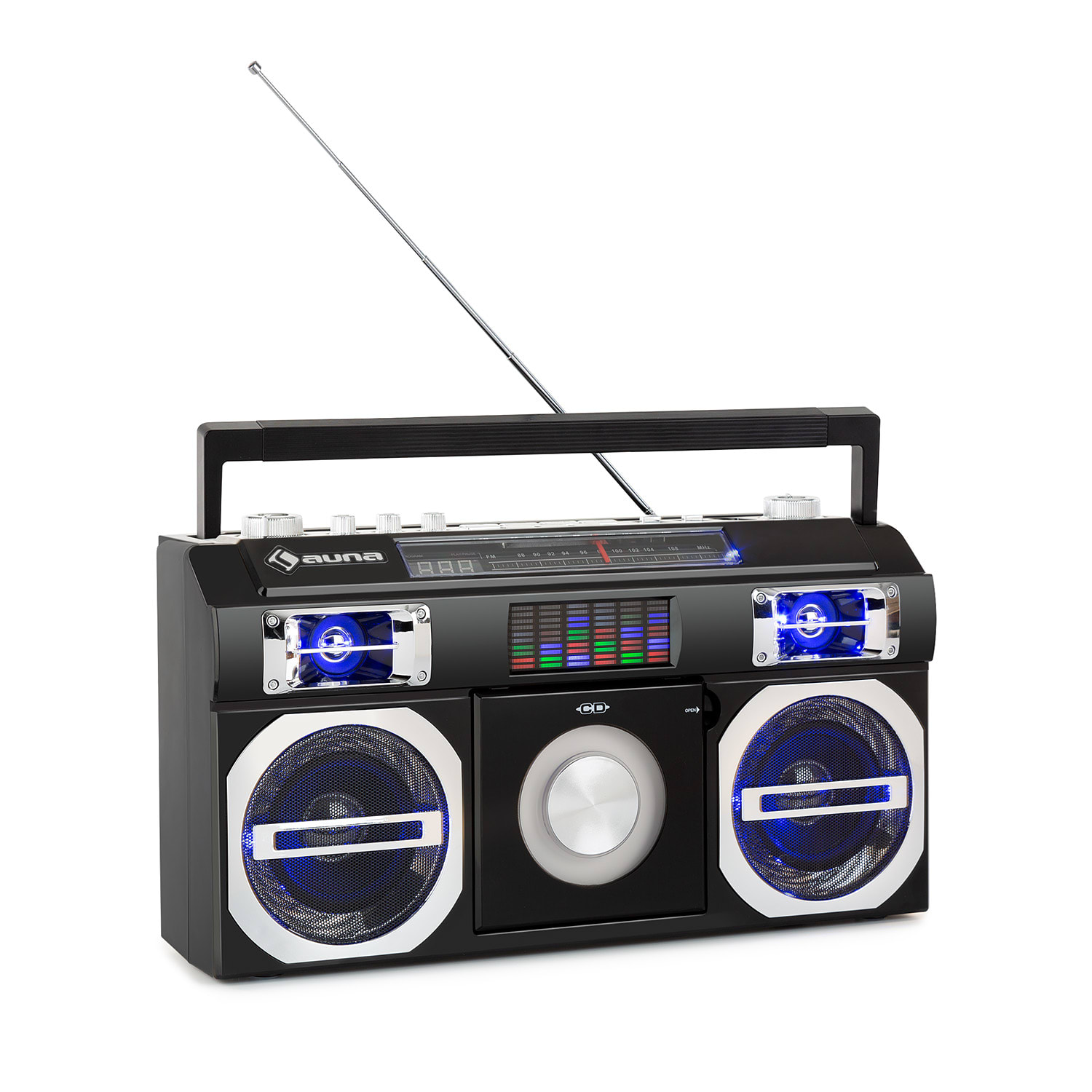 Auna Oldschool, retro prehrávač z 80. rokov, CD, BT, USB, MP3, FM, teleskopická anténa, akumulátor, čierny
