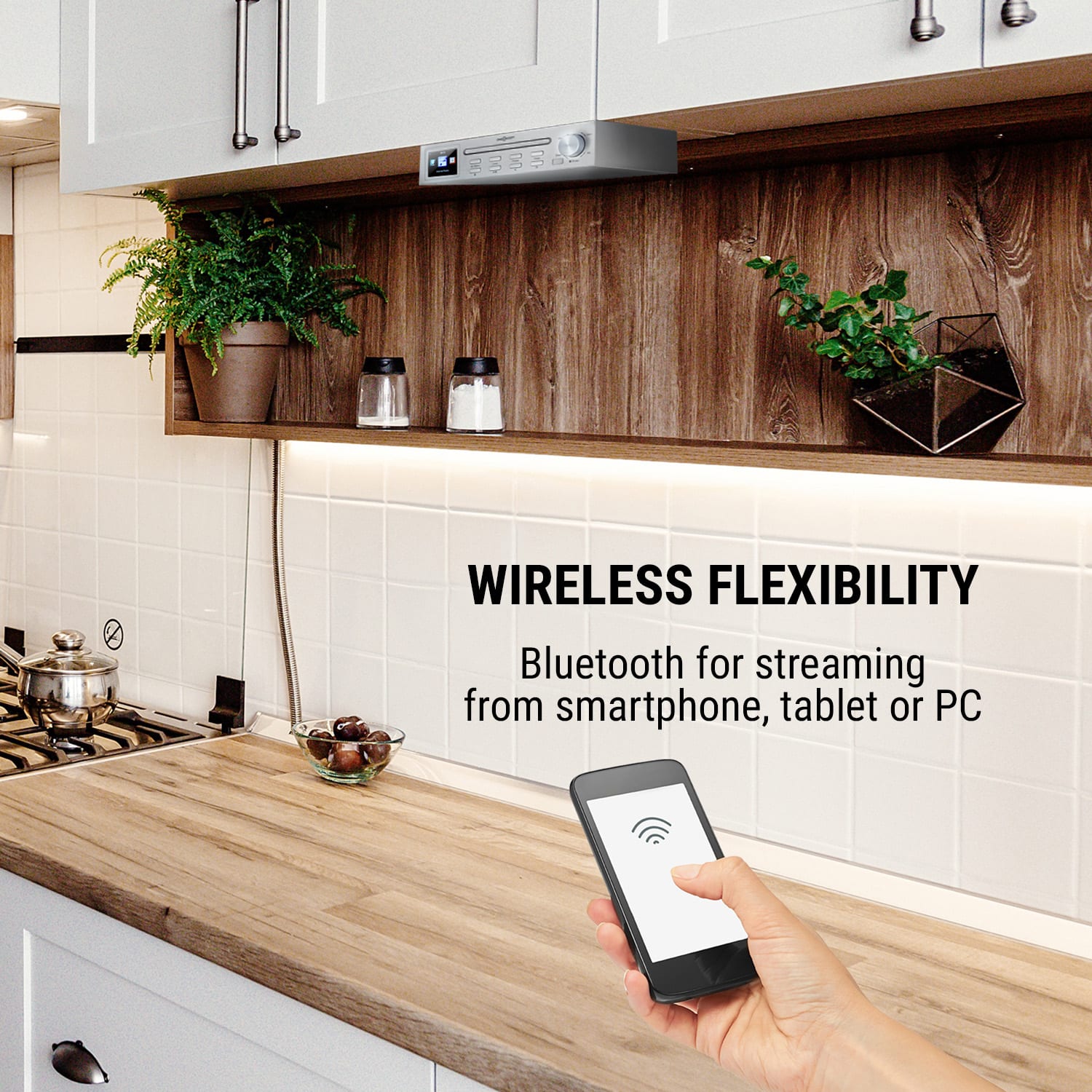 OneConcept Streamo Chef, kuchynské rádio, CD prehrávač, BT, 2,4" HCC displej, strieborné – Obrázok 4