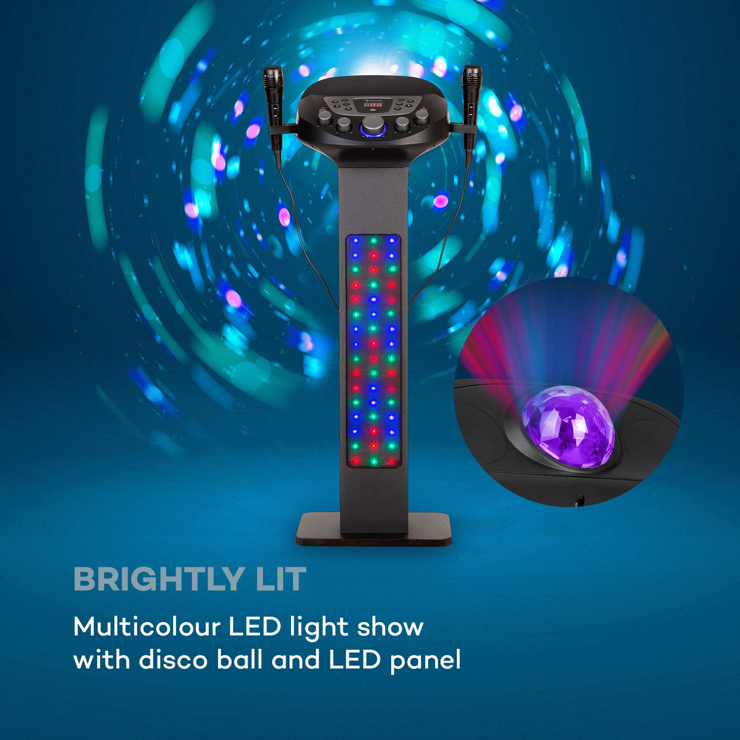 Auna KaraBig, LightUp, karaoke systém, BT, 2xmikrofón, multicolor, USB, 40W RMS, 640W max – Obrázok 4