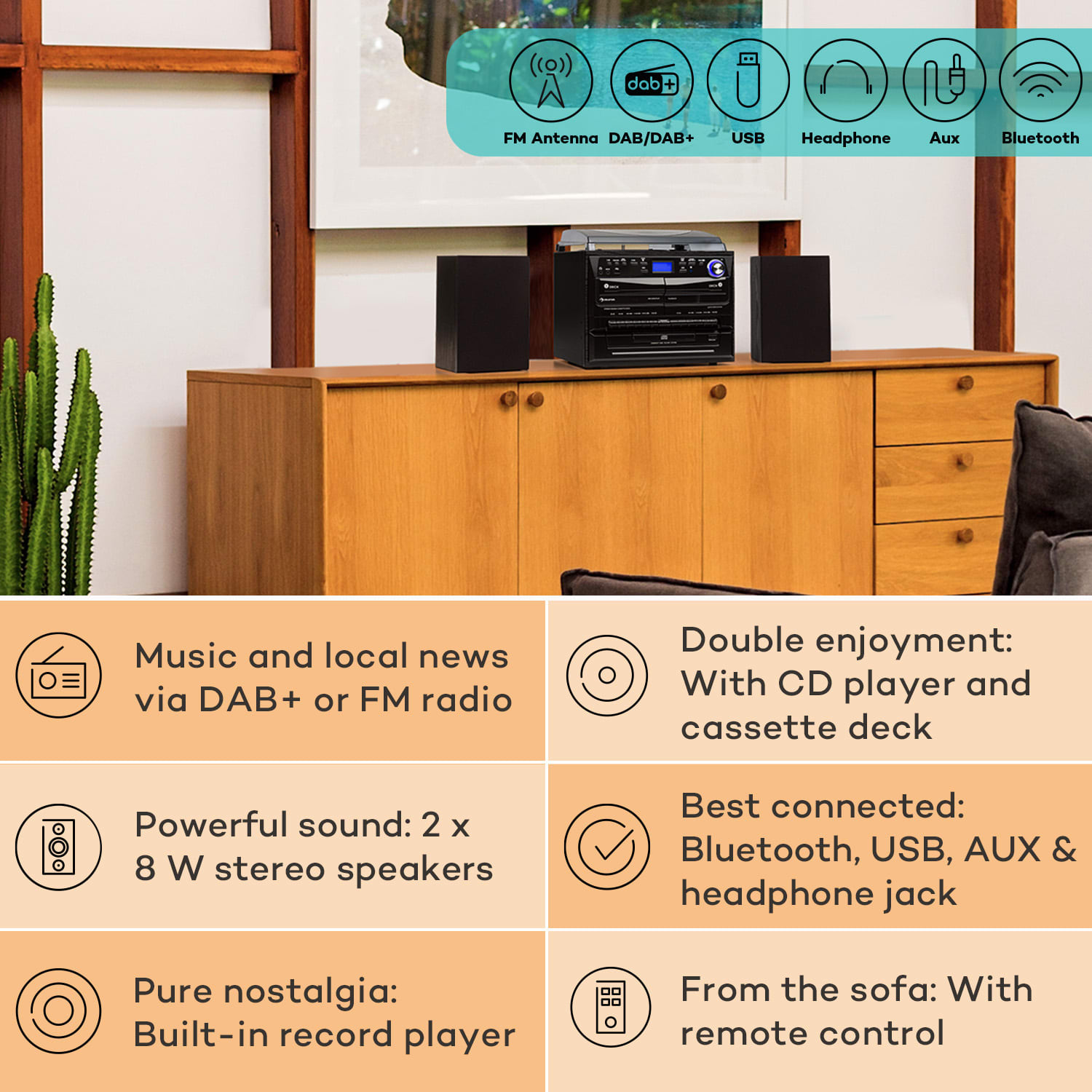 Auna 388-DAB+, stereo systém, 20 W max., platne, CD, kazety, BT, FM/DAB+, USB, čierny – Obrázok 2