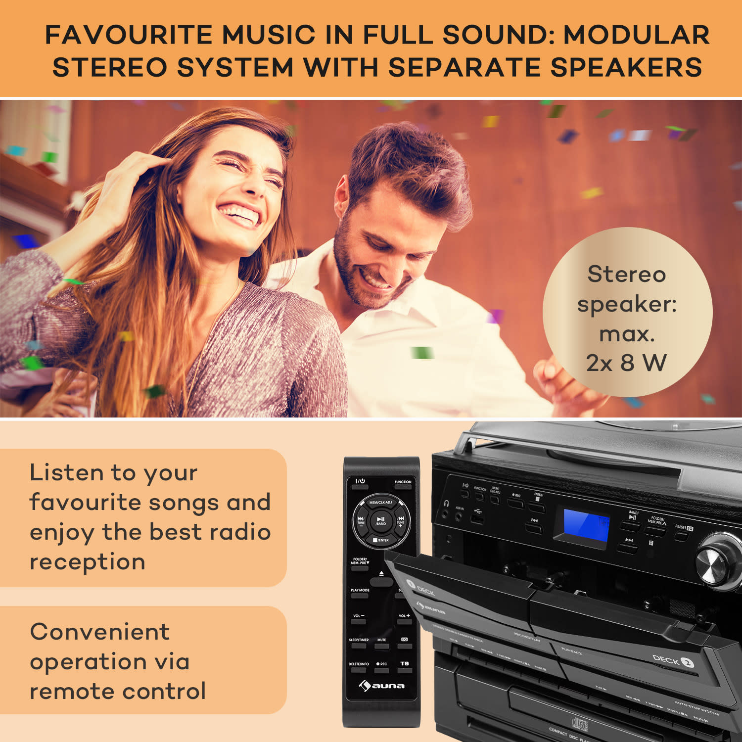 Auna 388-DAB+, stereo systém, 20 W max., platne, CD, kazety, BT, FM/DAB+, USB, čierny – Obrázok 3