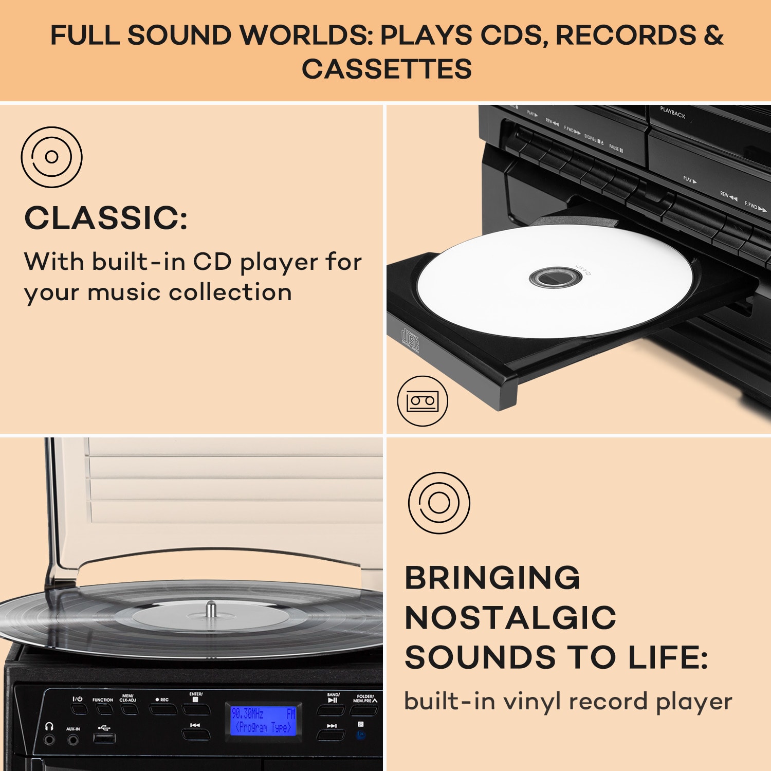 Auna 388-DAB+, stereo systém, 20 W max., platne, CD, kazety, BT, FM/DAB+, USB, čierny – Obrázok 4