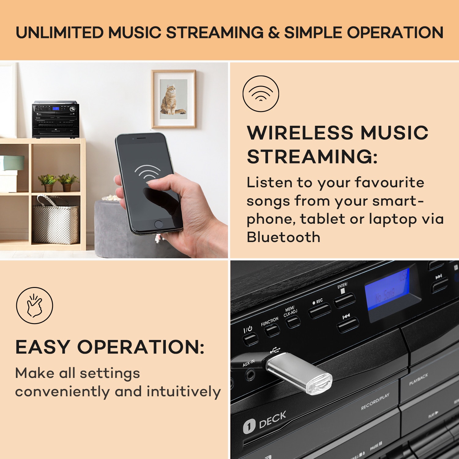 Auna 388-DAB+, stereo systém, 20 W max., platne, CD, kazety, BT, FM/DAB+, USB, čierny – Obrázok 5