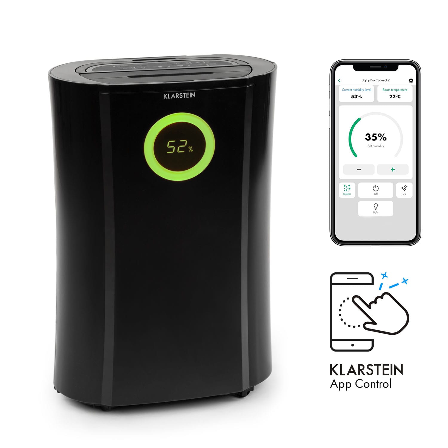 Klarstein DryFy Pro Connect Smart, Odvlhčovač vzduchu, WiFi, Kompresný, 20l / d, 20sqm, 370W, Čierna
