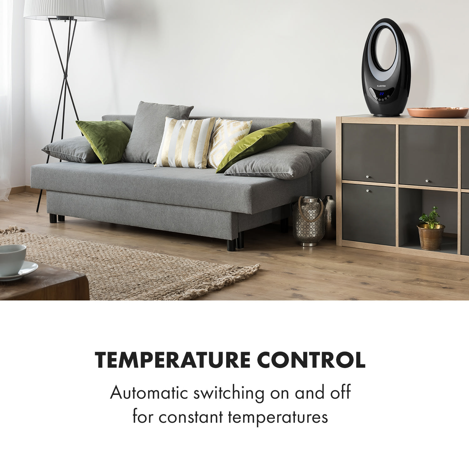 Klarstein Sahara Storm, teplovzdušný ohrievač, 1000/2000 W, 16 – 40 °C, oscilácia, časovač, náladové osvetlenie, diaľkový ovládač, čierny – Obrázok 2