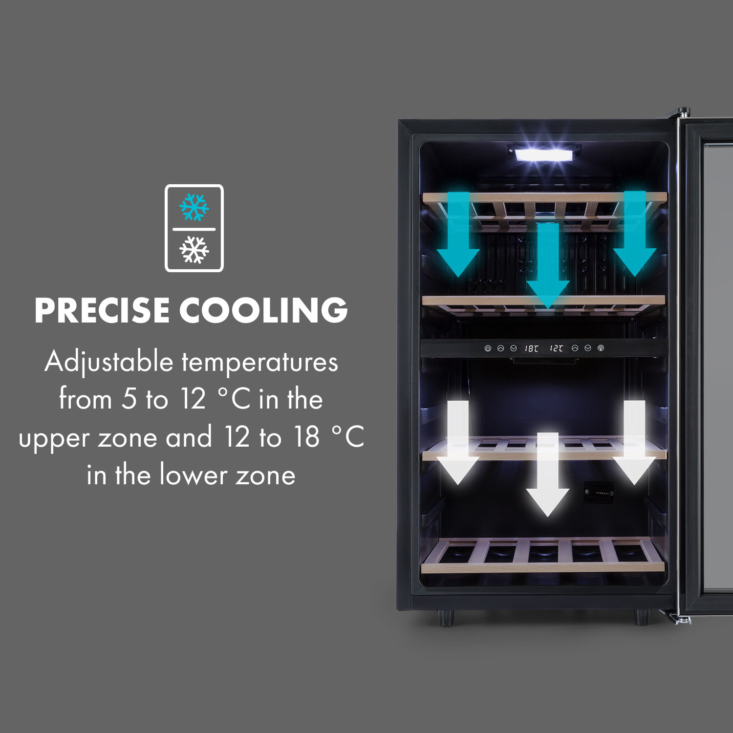 Klarstein Vinamour 45D, vinotéka, 118 l, 45 fliaš, 5–18°C, 2 zóny, nehrdzavejúca oceľ – Obrázok 5