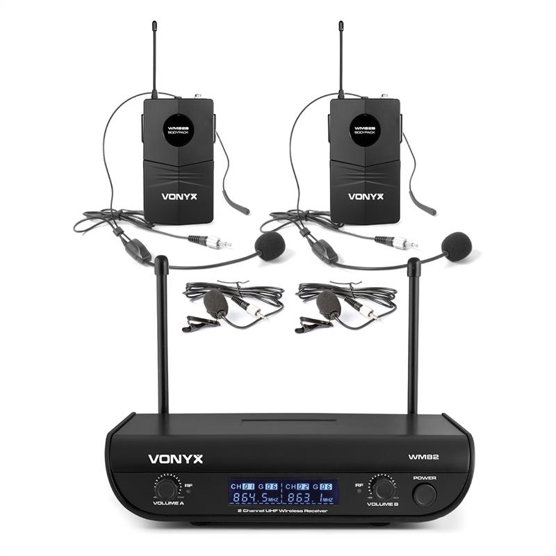 Vonyx WM82B Digital, 2-kanálový systém UHF bezdrôtových mikrofónov, 2 x headset mikrofón, 50 m, kufor