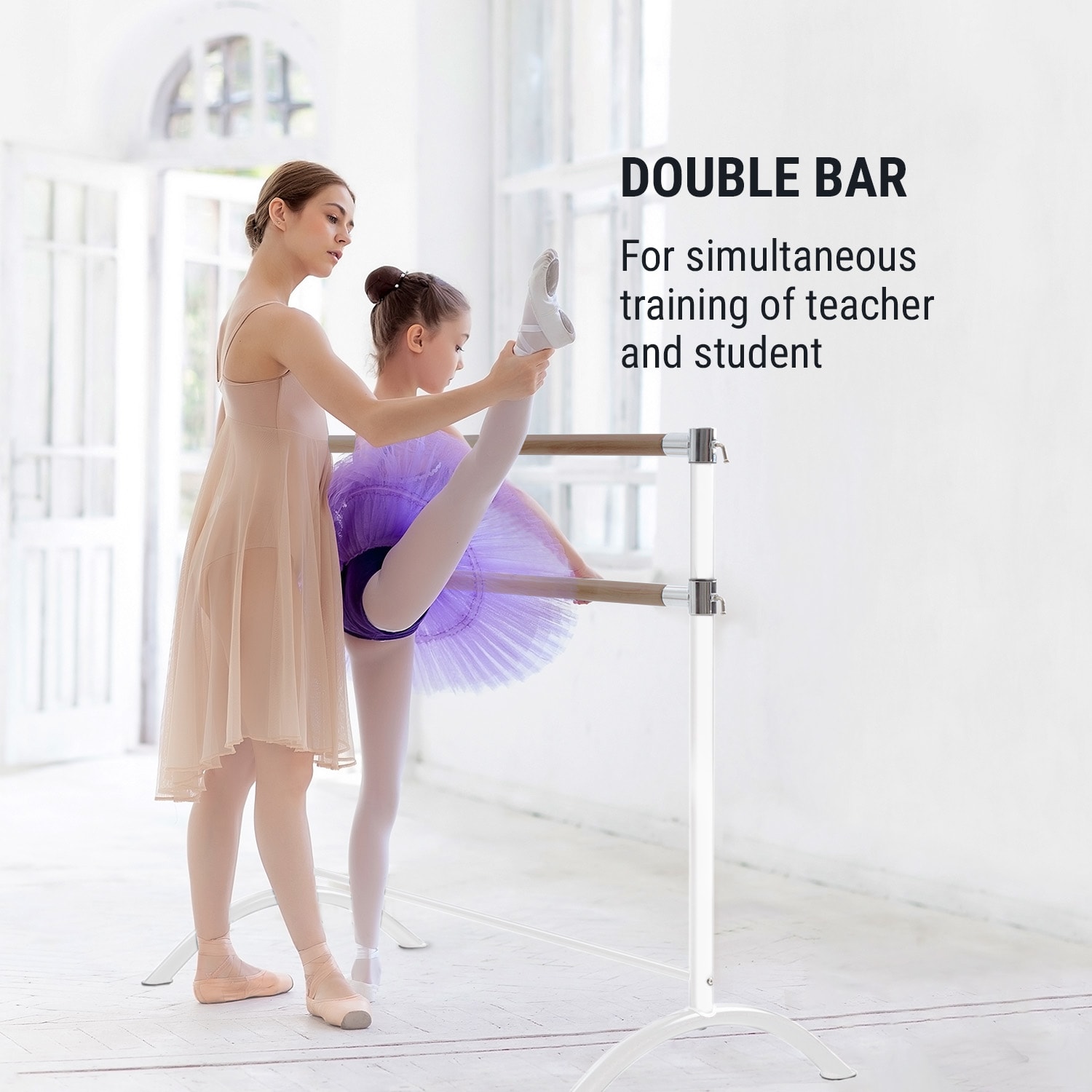 KLARFIT Barre Anna, dvojitá baletná tyč, 110 x 113 cm, 2 x 38 mm Ø, biela – Obrázok 2