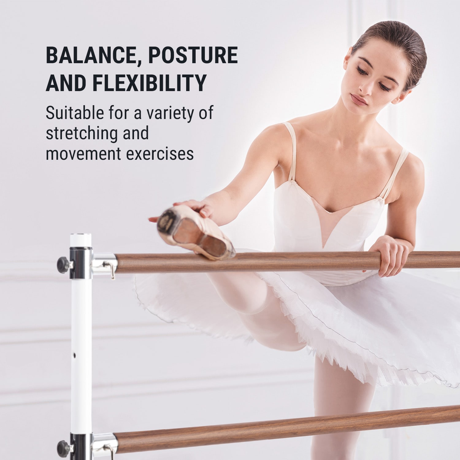 KLARFIT Barre Marie, dvojitá baletná tyč, 220 x 113 cm, 2 x 38 mm Ø, biela – Obrázok 4