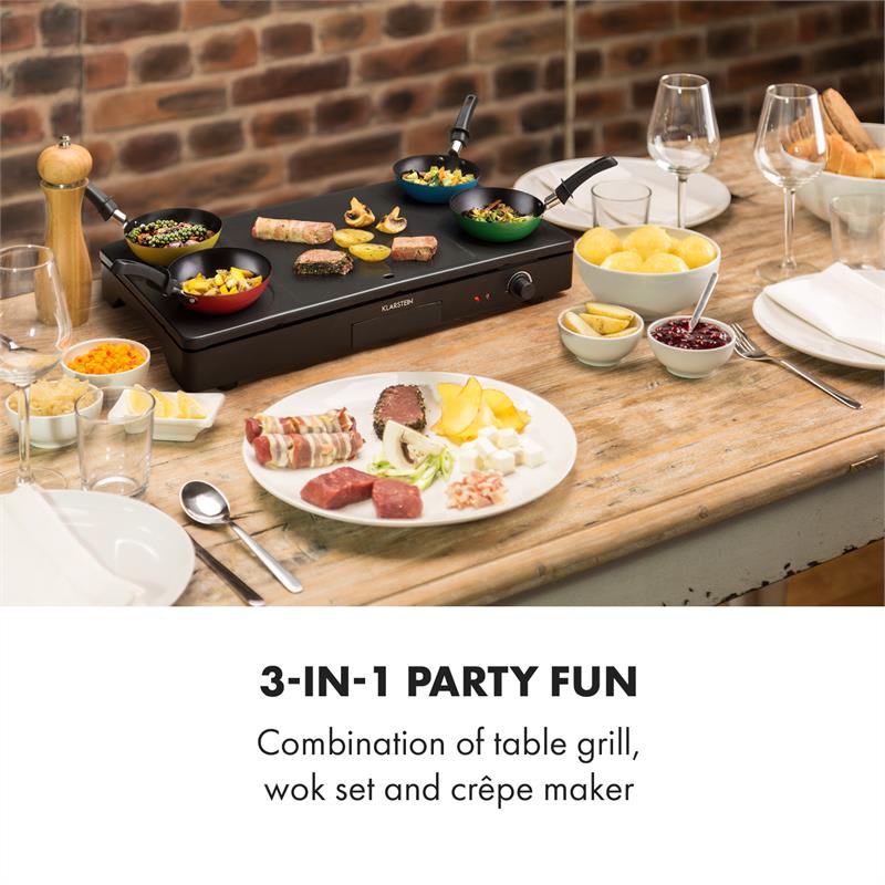 Klarstein Partylette, 3 v 1 stolový gril, wok, palacinkovač, 1000 W, 4 osoby, nelepivý povrch – Obrázok 2