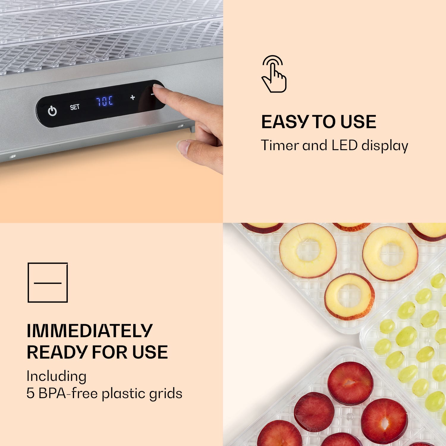 Klarstein Silver, sušička potravín, 500 W, LED displej, bez BPA, 35 – 70 °C, strieborná – Obrázok 3