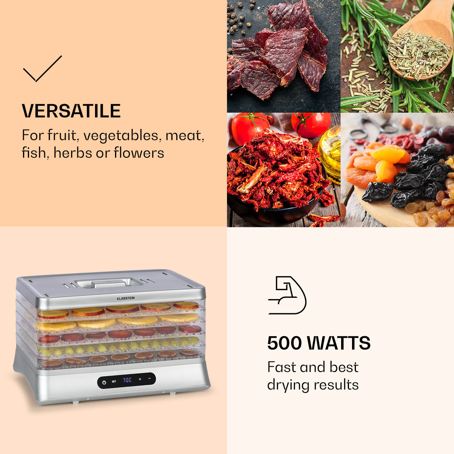 Klarstein Silver, sušička potravín, 500 W, LED displej, bez BPA, 35 – 70 °C, strieborná – Obrázok 4