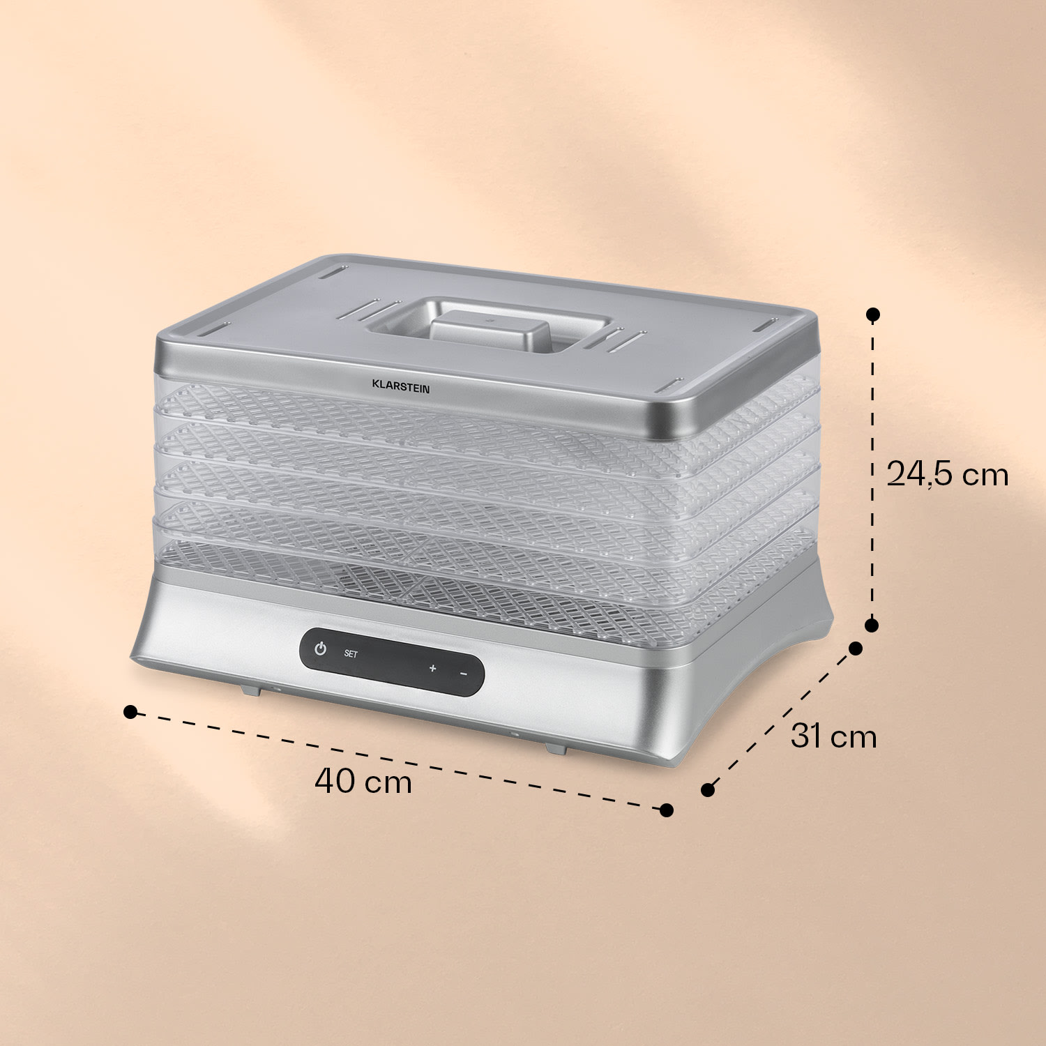 Klarstein Silver, sušička potravín, 500 W, LED displej, bez BPA, 35 – 70 °C, strieborná – Obrázok 5