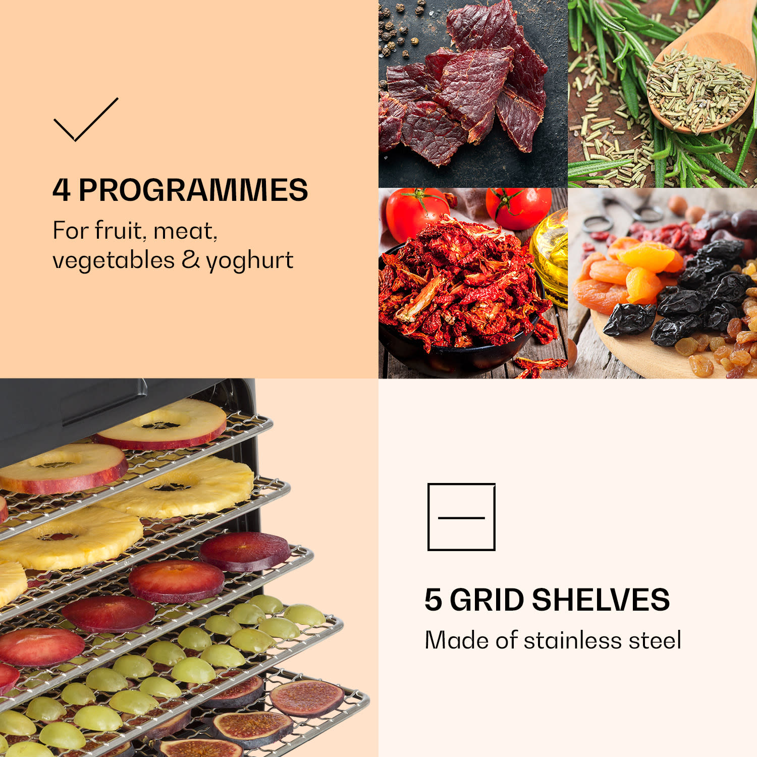 Klarstein Florida Jerky, sušička potravín, 500 W, infračervená, 4 programy, čierna – Obrázok 4