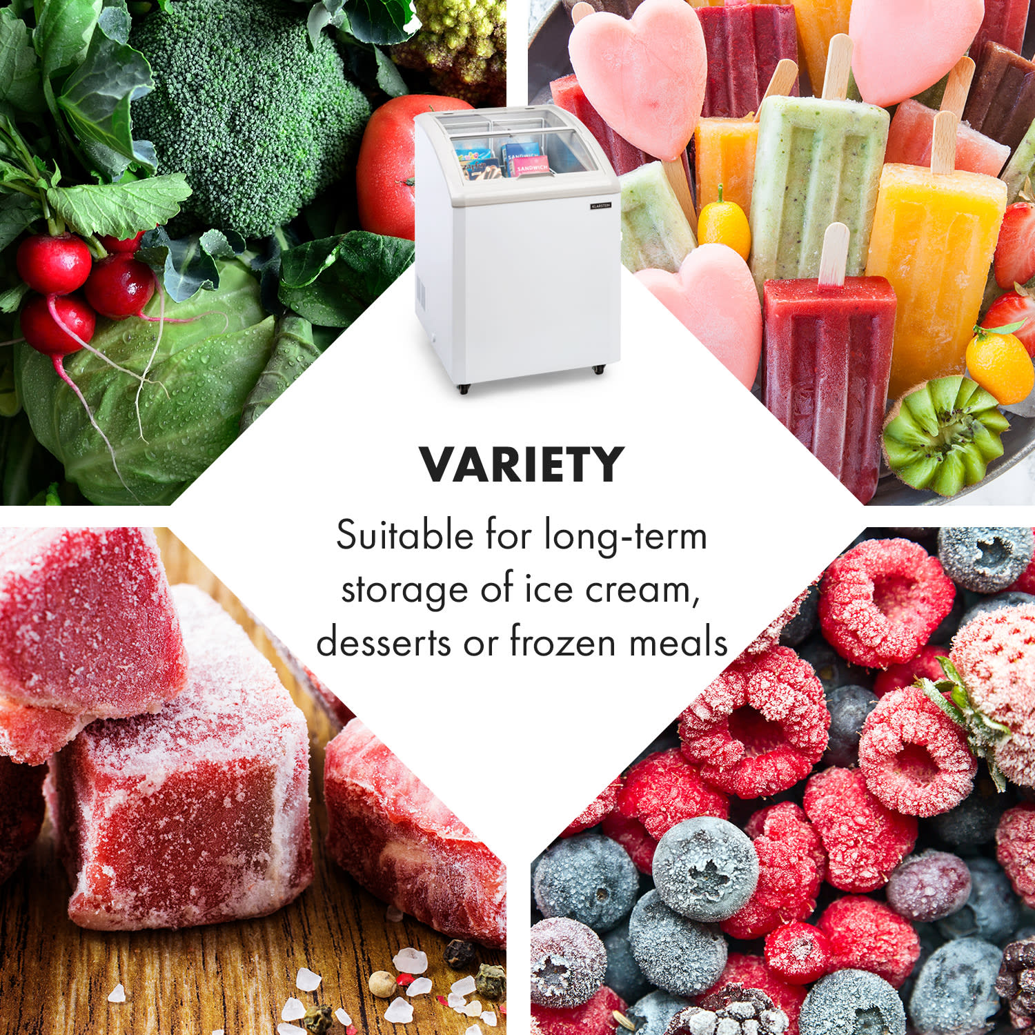 Klarstein Eispalast, mraznička, voľne stojaca, 100 litrov, posuvné sklenené dvierka, biela – Obrázok 3