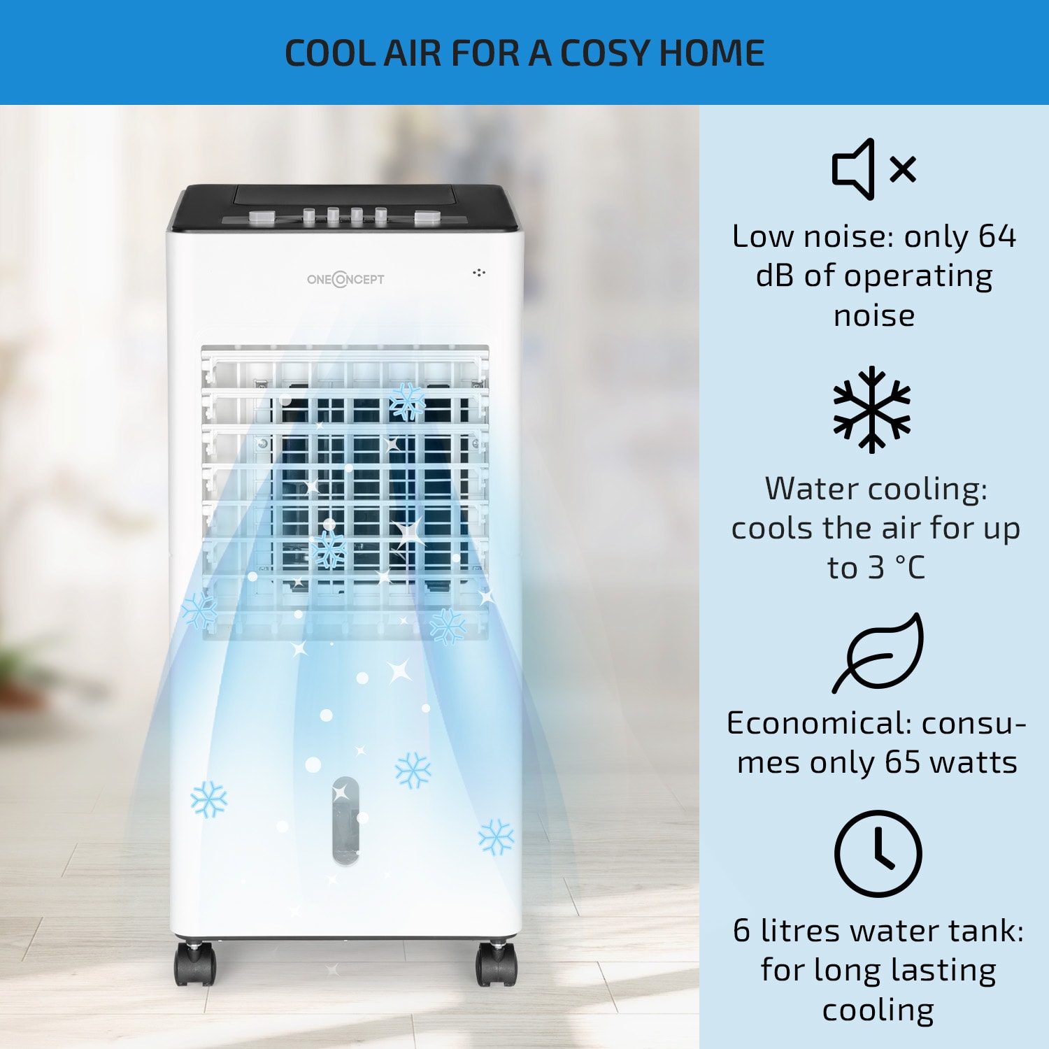 OneConcept Freshboxx, 3 v 1 ochladzovač vzduchu, 65 W, 360 m³/h, 3 úrovne prúdenia vzduchu, biely – Obrázok 2