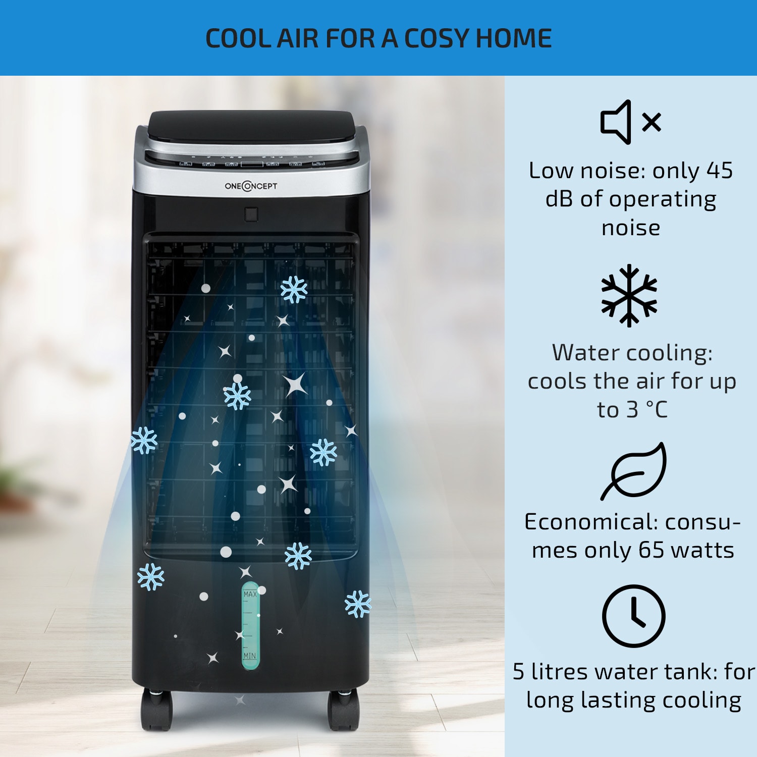 OneConcept Freshboxx Pro, ochladzovač vzduchu, 3-v-1, 65W, 966m³/h, 3 stupne prúdenia vzduchu, čierny – Obrázok 2