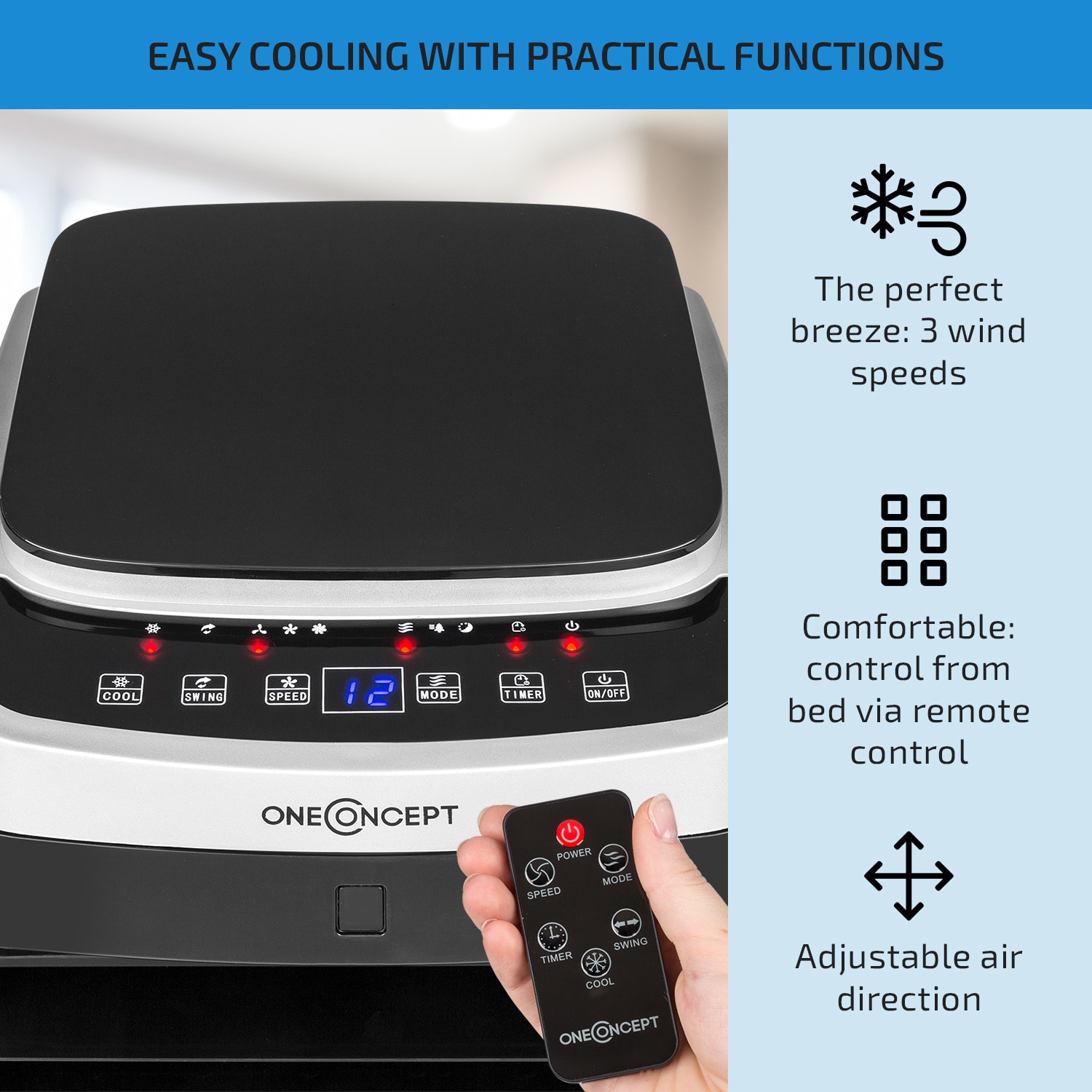 OneConcept Freshboxx Pro, ochladzovač vzduchu, 3-v-1, 65W, 966m³/h, 3 stupne prúdenia vzduchu, čierny – Obrázok 4