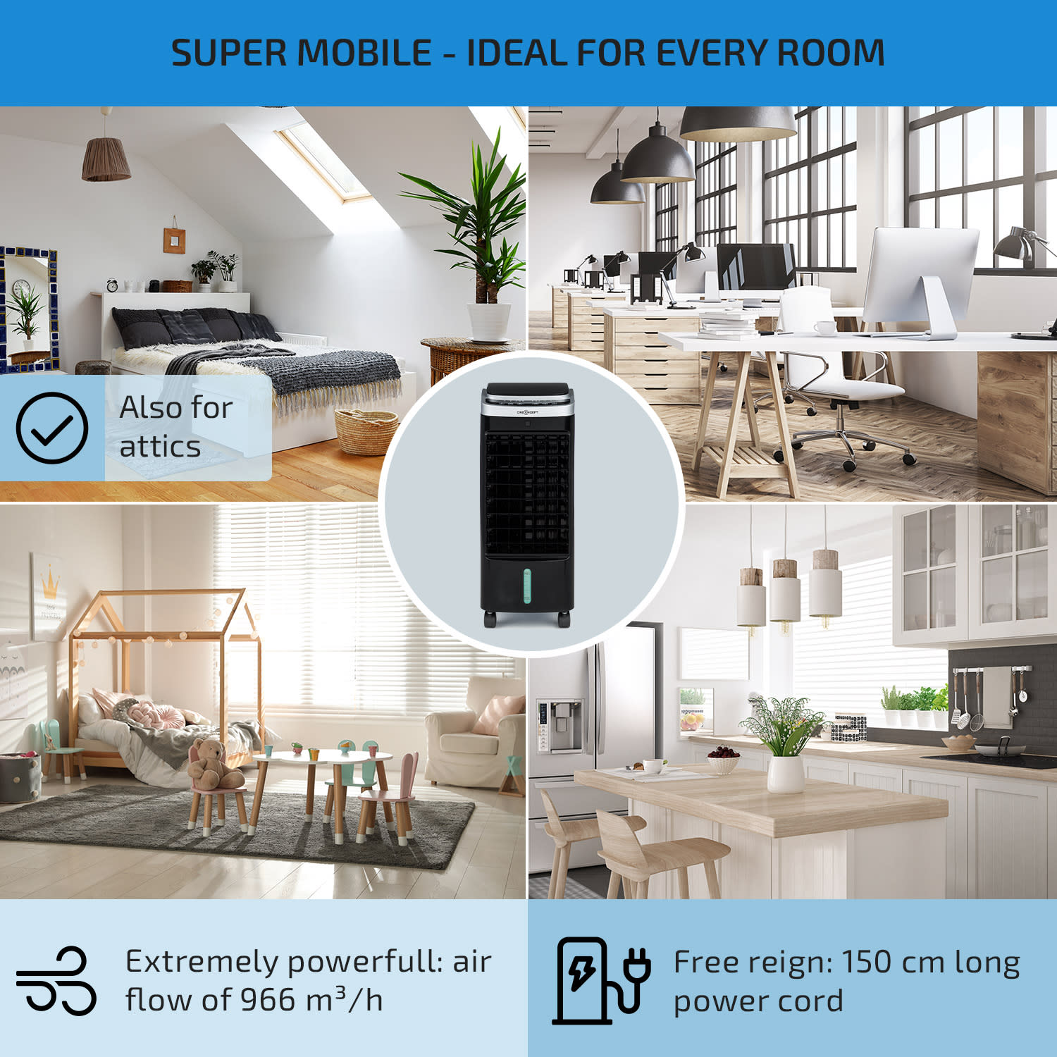 OneConcept Freshboxx Pro, ochladzovač vzduchu, 3-v-1, 65W, 966m³/h, 3 stupne prúdenia vzduchu, čierny – Obrázok 5