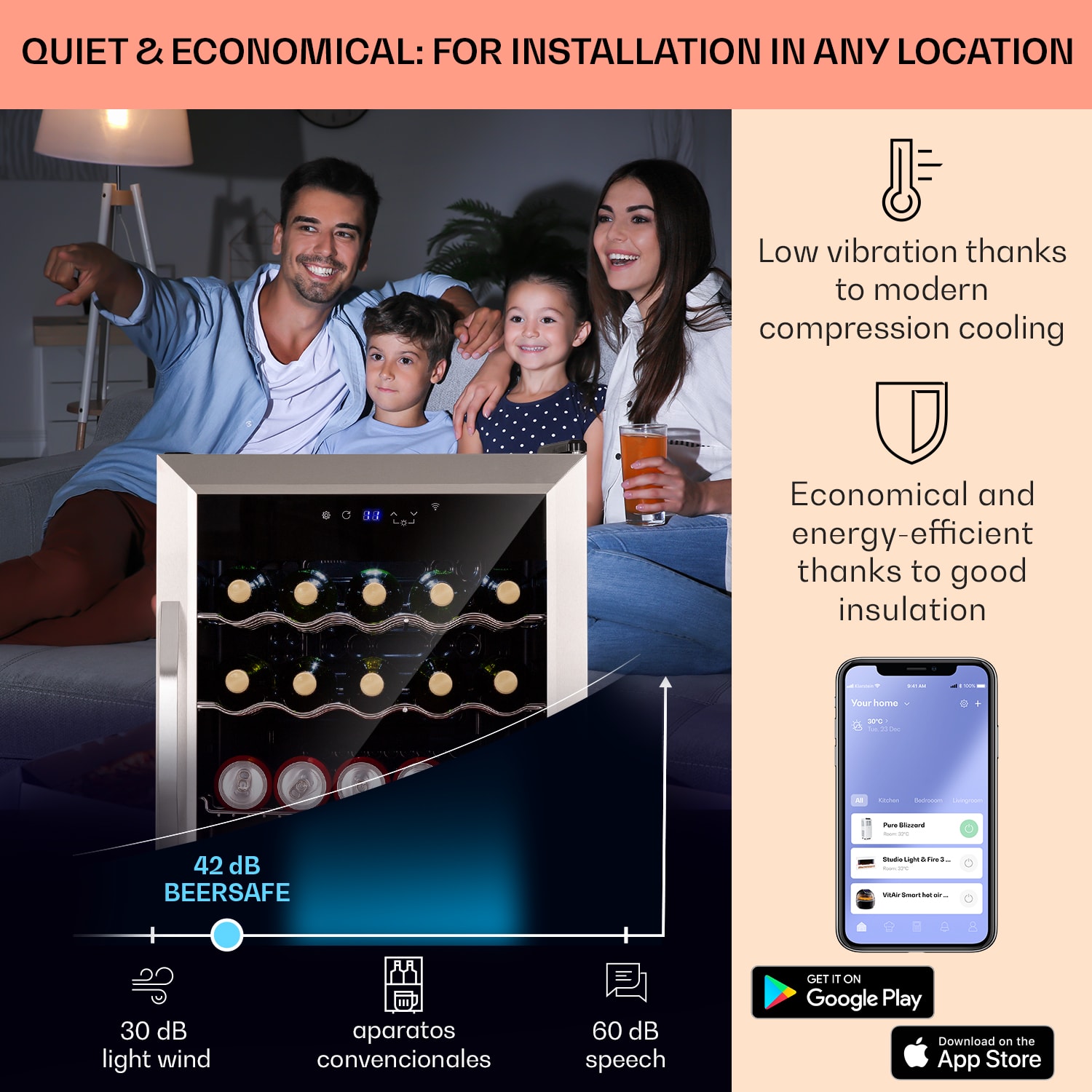 Klarstein Coachella 60, Smart, chladnička, 60 l, funkcia WiFi, podsvietenie. – Obrázok 3