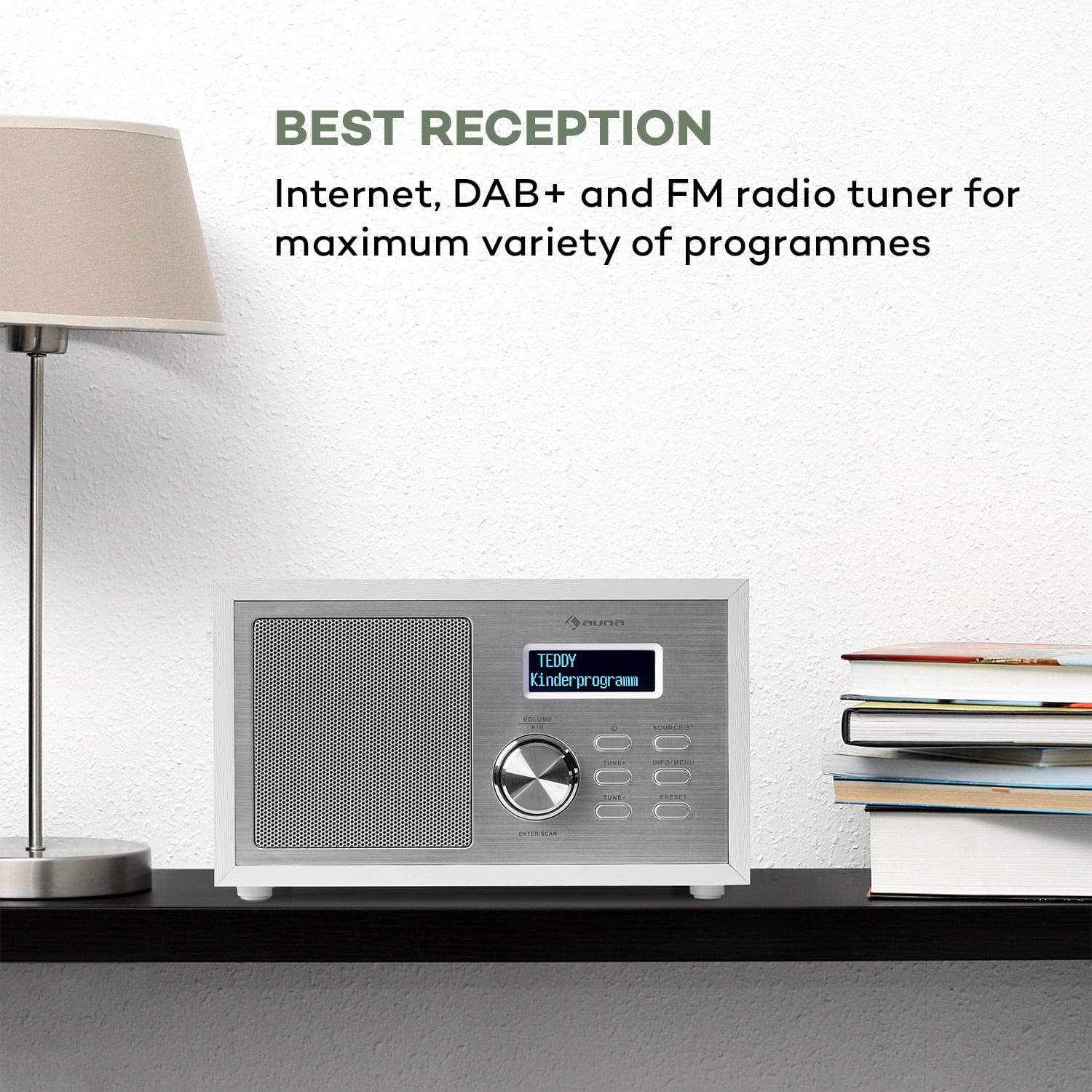 Auna Ambient DAB+/FM, rádio, BT 5.0, AUX vstup, LCD displej, budík, časovač, drevený vzhľad, biele – Obrázok 2