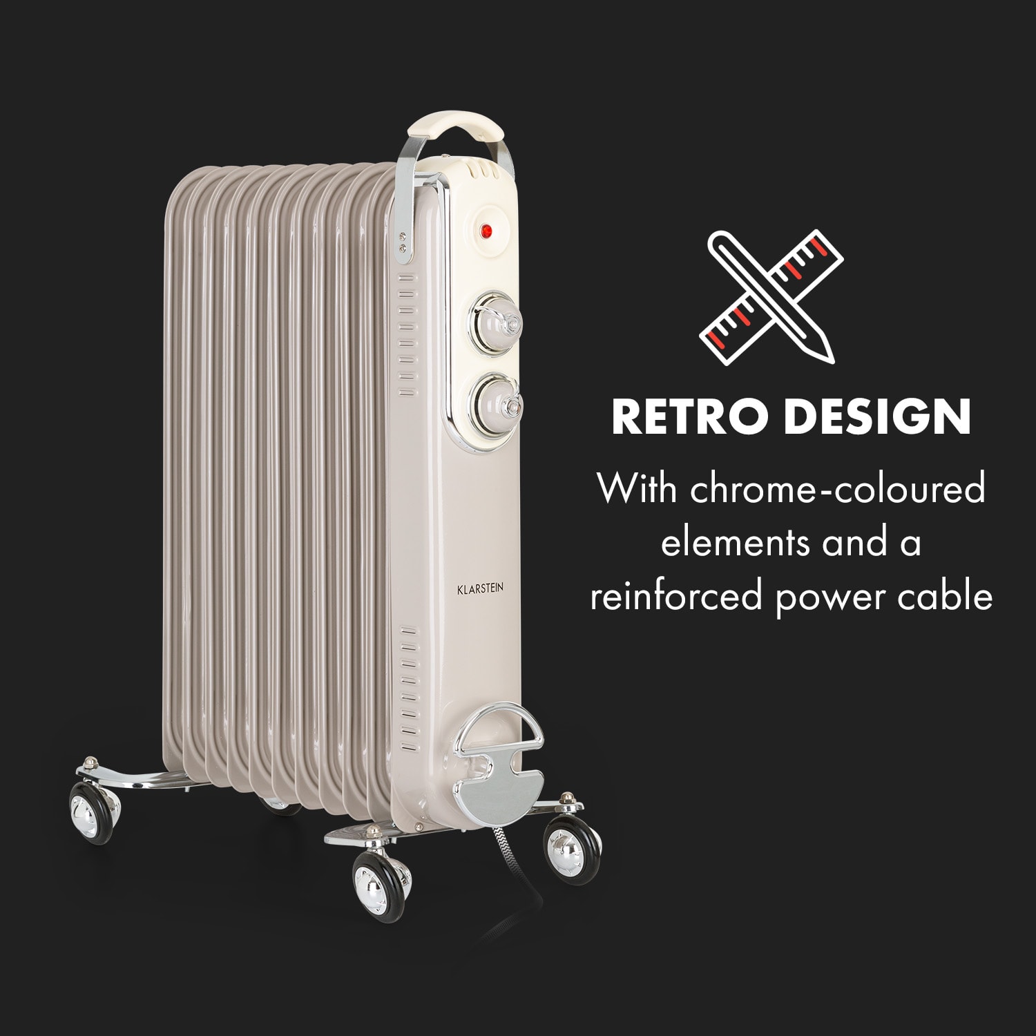 Klarstein Thermaxx Retroheat, olejový radiátor, 2500 W, kolieska, sivohnedý (taupe) – Obrázok 3