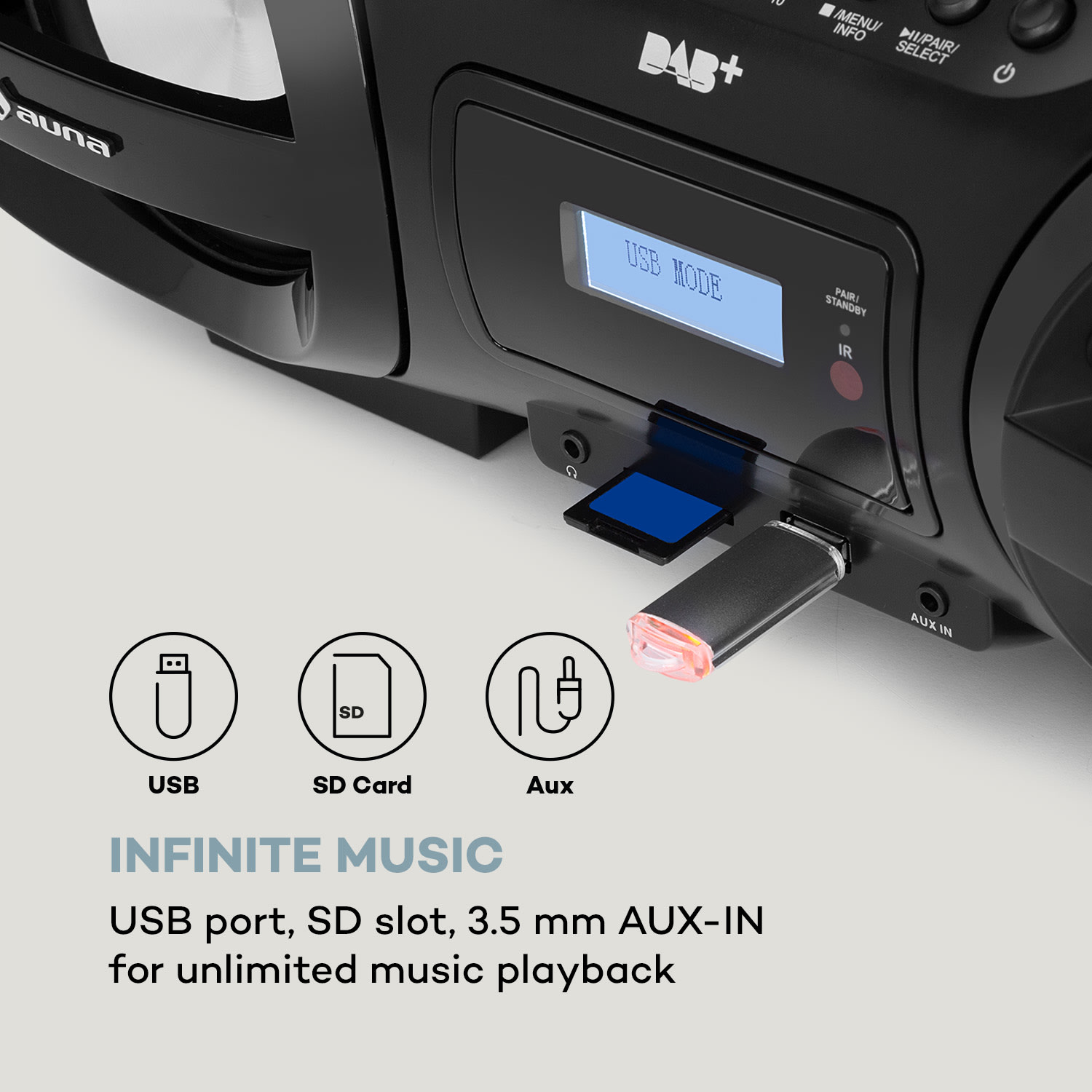 Auna Soundblaster, DAB, Boombox, Bluetooth, CD/MP3/USB/AUX, DAB+/UKW, LED, 50Wmax. – Obrázok 3
