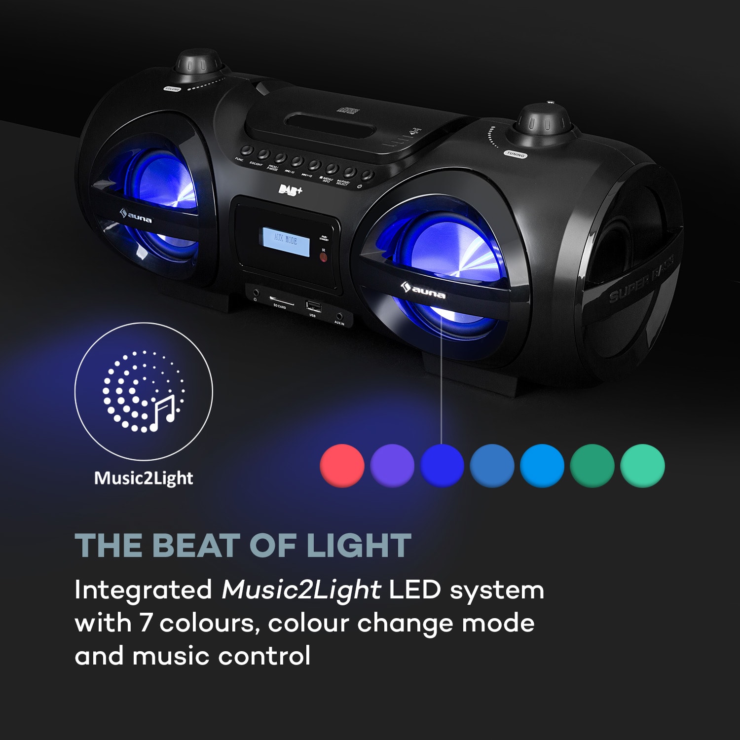 Auna Soundblaster, DAB, Boombox, Bluetooth, CD/MP3/USB/AUX, DAB+/UKW, LED, 50Wmax. – Obrázok 4