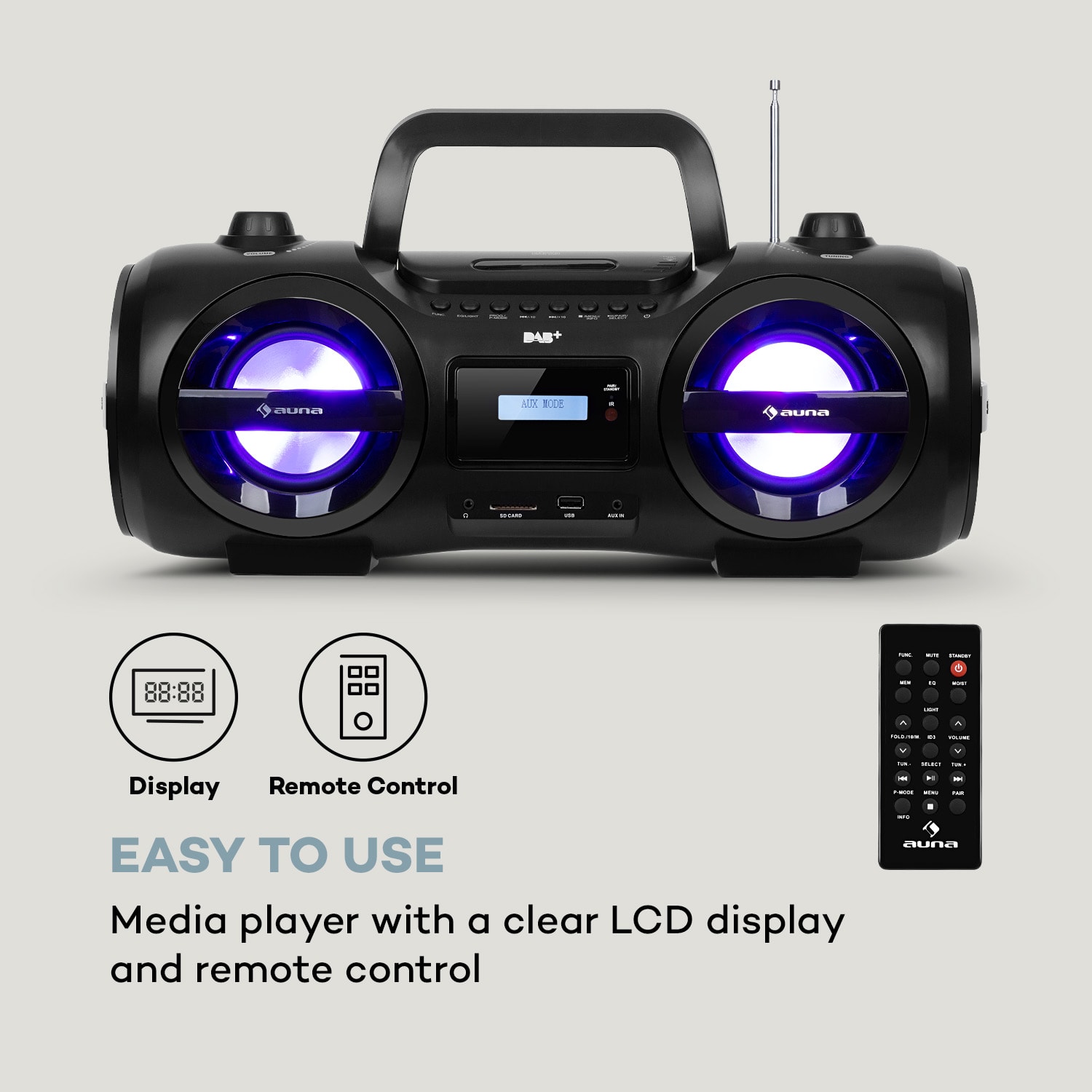 Auna Soundblaster, DAB, Boombox, Bluetooth, CD/MP3/USB/AUX, DAB+/UKW, LED, 50Wmax. – Obrázok 5