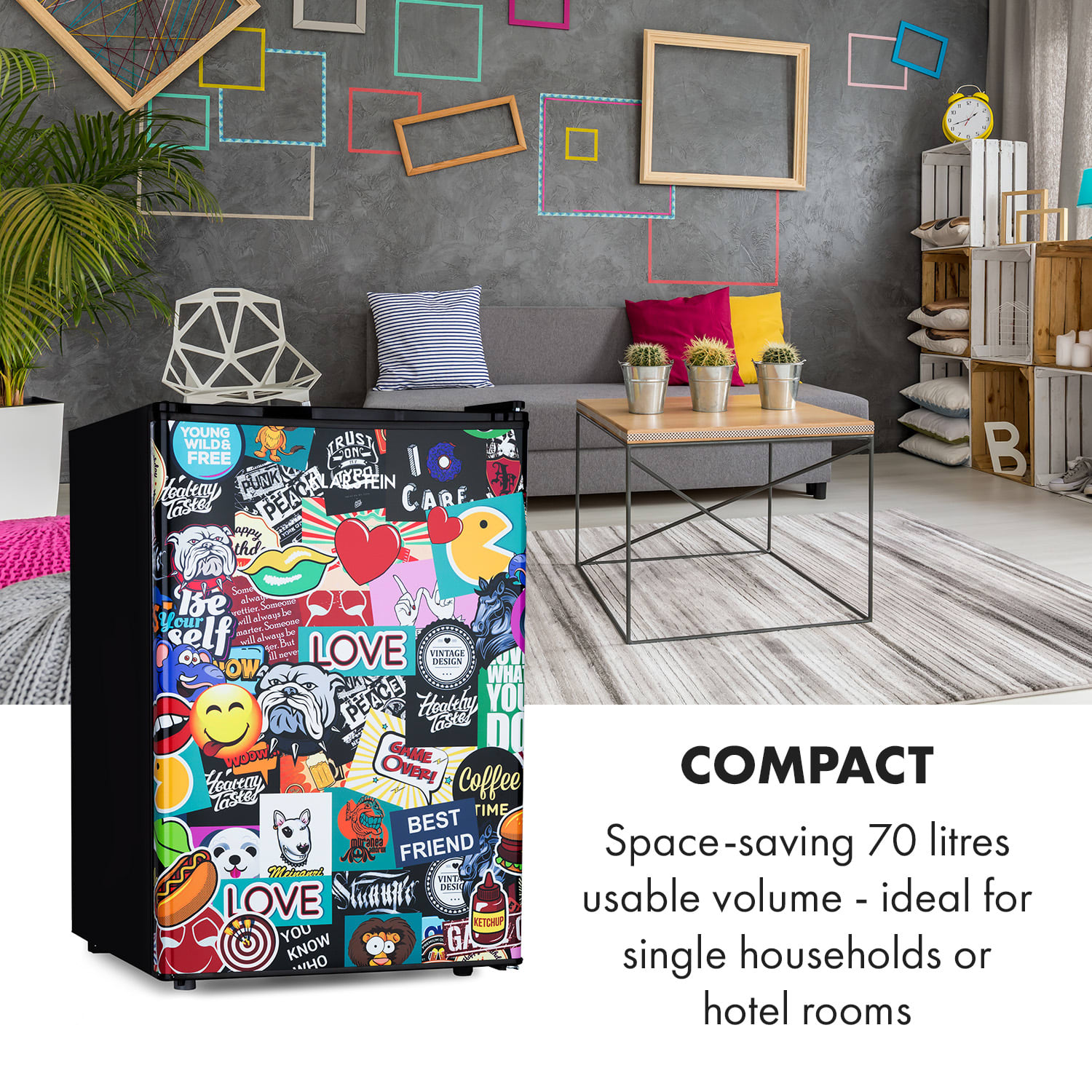 Klarstein Cool Vibe 72+, chladnička, 72 l, energet. trieda F, VividArt Concept, štýl stickerbomb – Obrázok 2