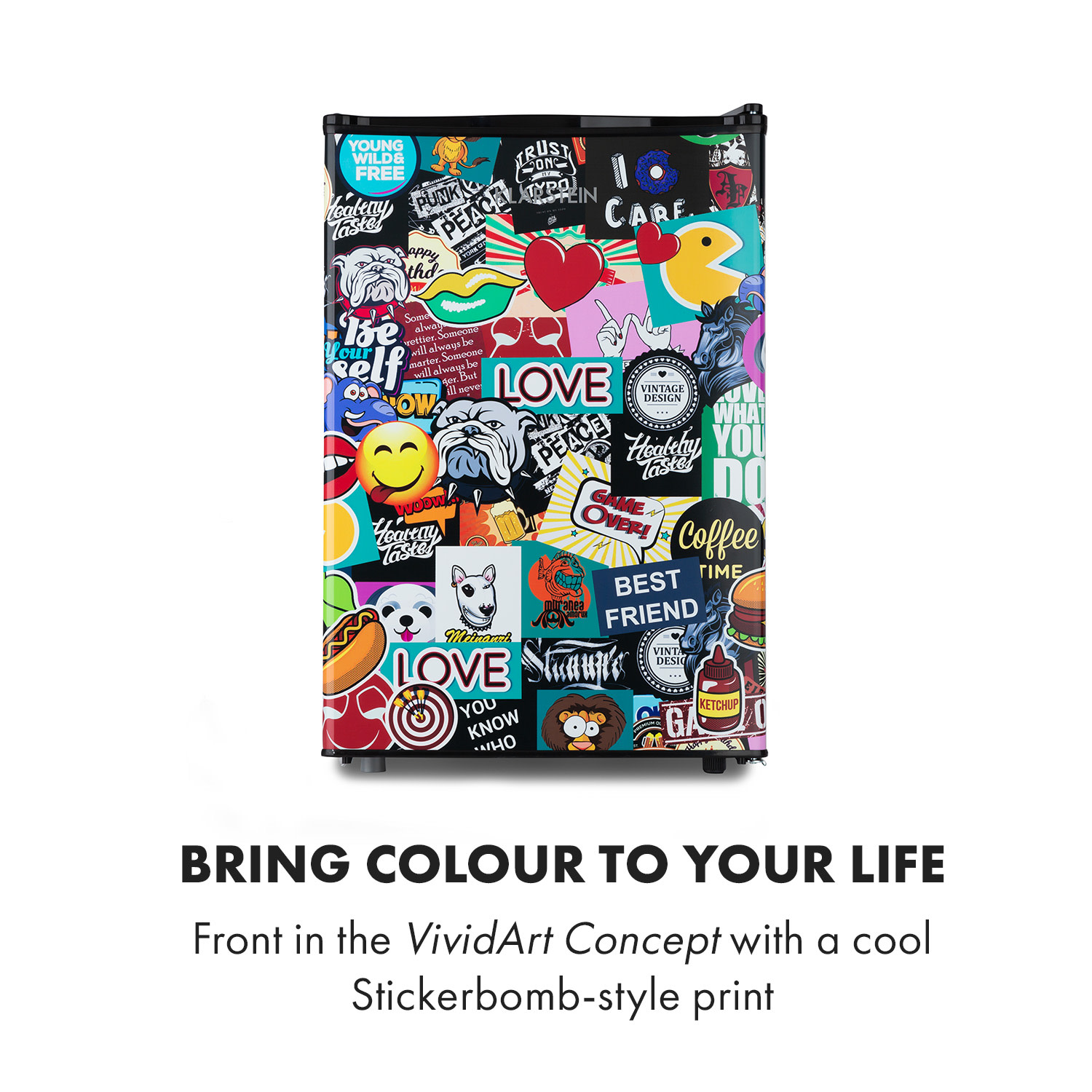 Klarstein Cool Vibe 72+, chladnička, 72 l, energet. trieda F, VividArt Concept, štýl stickerbomb – Obrázok 3