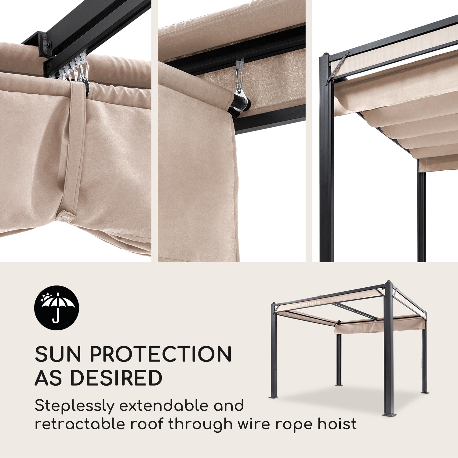 Blumfeldt Pantheon Cortina Pergola, náhradná strecha 200 g/m², polyesterová tkanina, 3 x 3 m, vrátane lankového tiahla – Obrázok 3