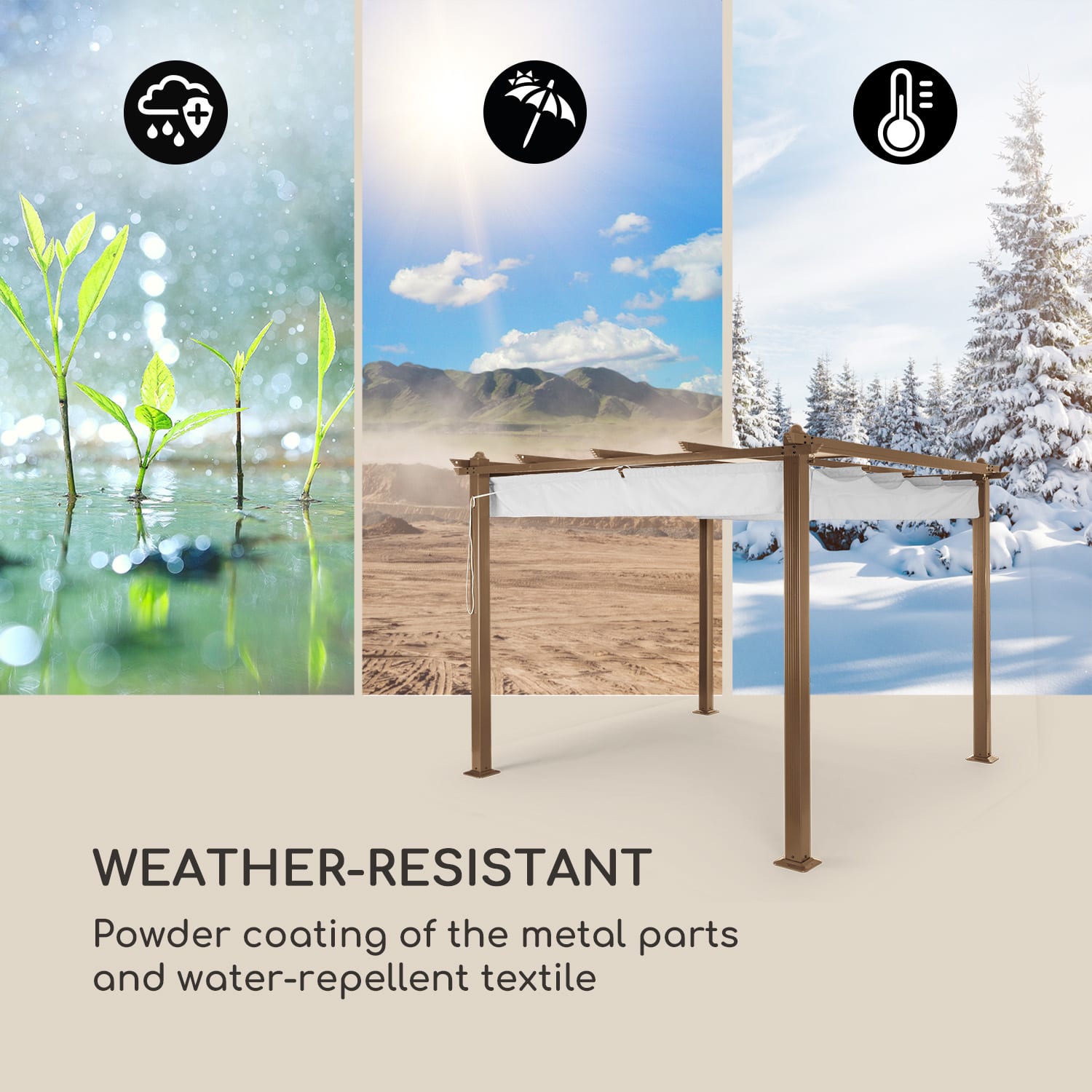 Blumfeldt Pantheon Rust Pergola, náhradná strecha 200 g/m², polyesterová tkanina, 3x3 m, vrátane lankového tiahla – Obrázok 4