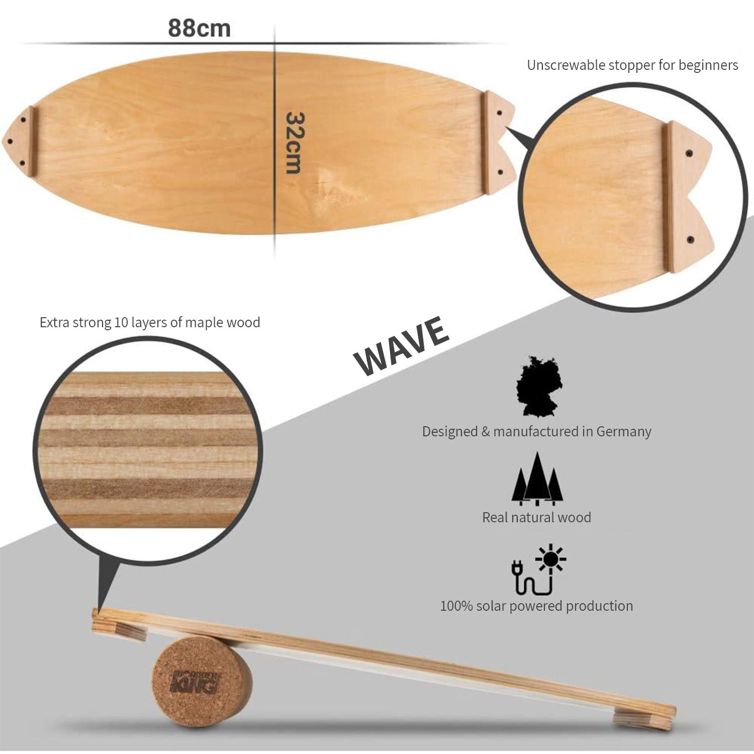 BoarderKING Indoorboard Wave, balančná doska, podložka, valec, drevo/korok – Obrázok 2