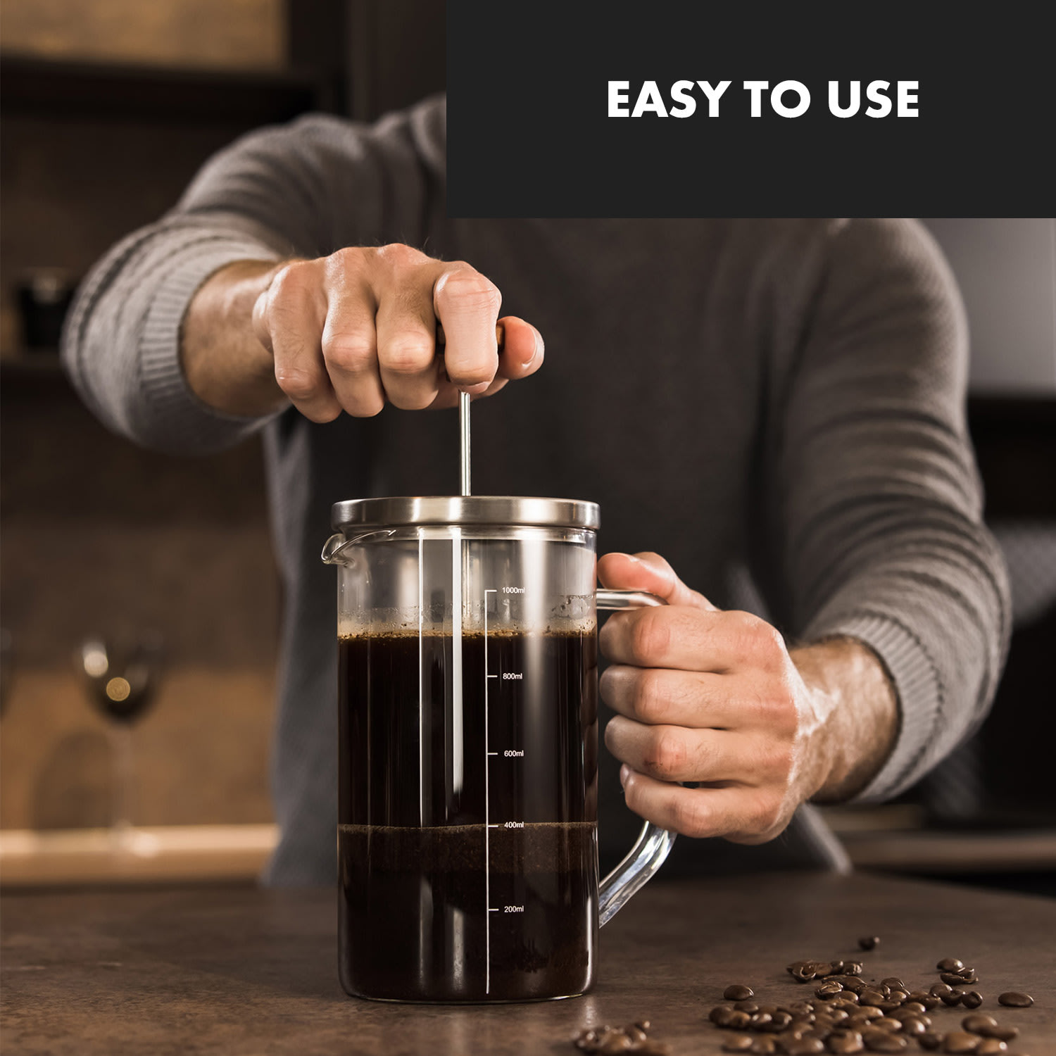 Klarstein Glaswerk Ristretto French Press 1 liter borosilikátové sklo nerezová oceľ orechové drevo – Obrázok 3