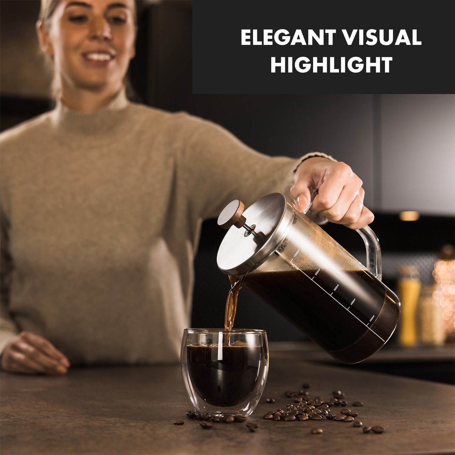 Klarstein Glaswerk Ristretto French Press 1 liter borosilikátové sklo nerezová oceľ orechové drevo – Obrázok 4