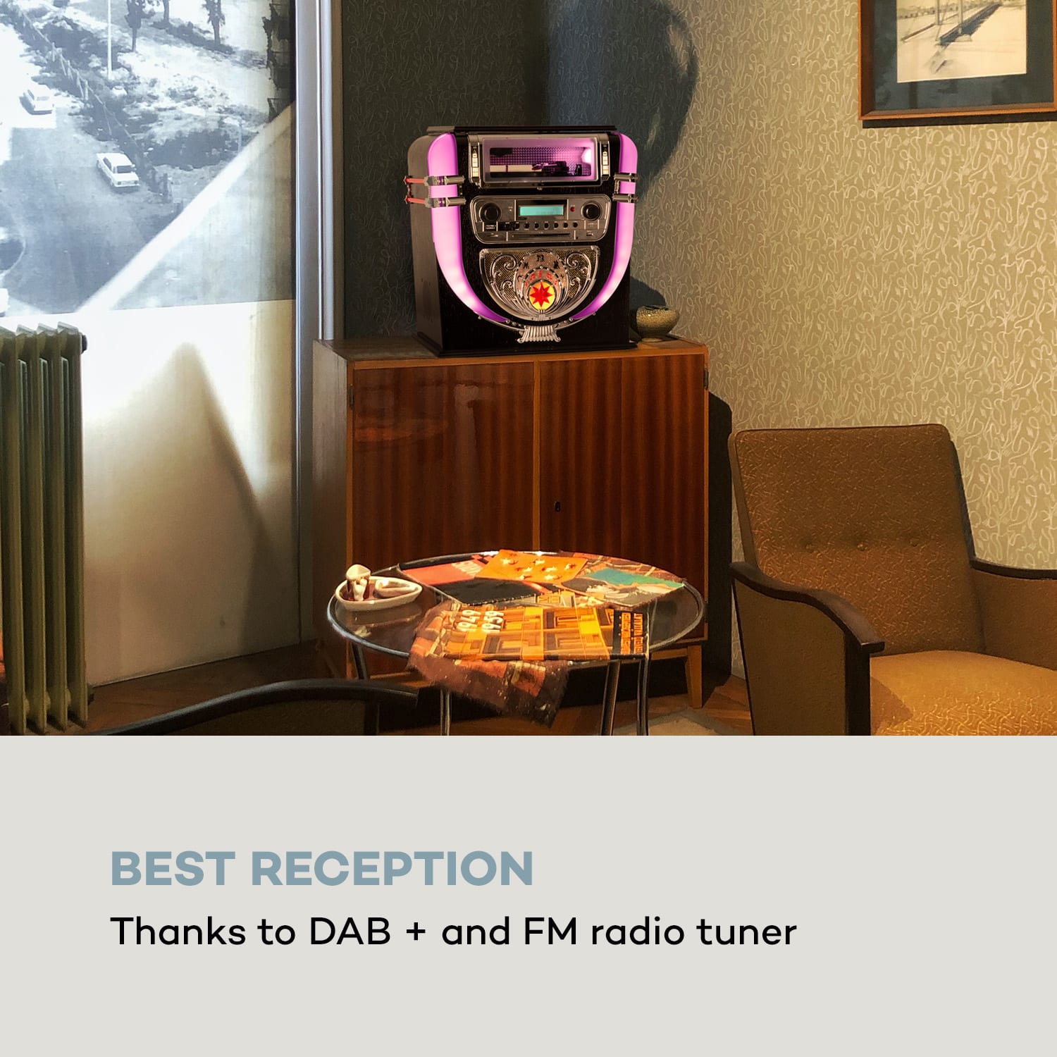 Auna Graceland Mini, Jukebox, CD prehrávač, prehrávač platní, DAB+/FM rádio, LED – Obrázok 2