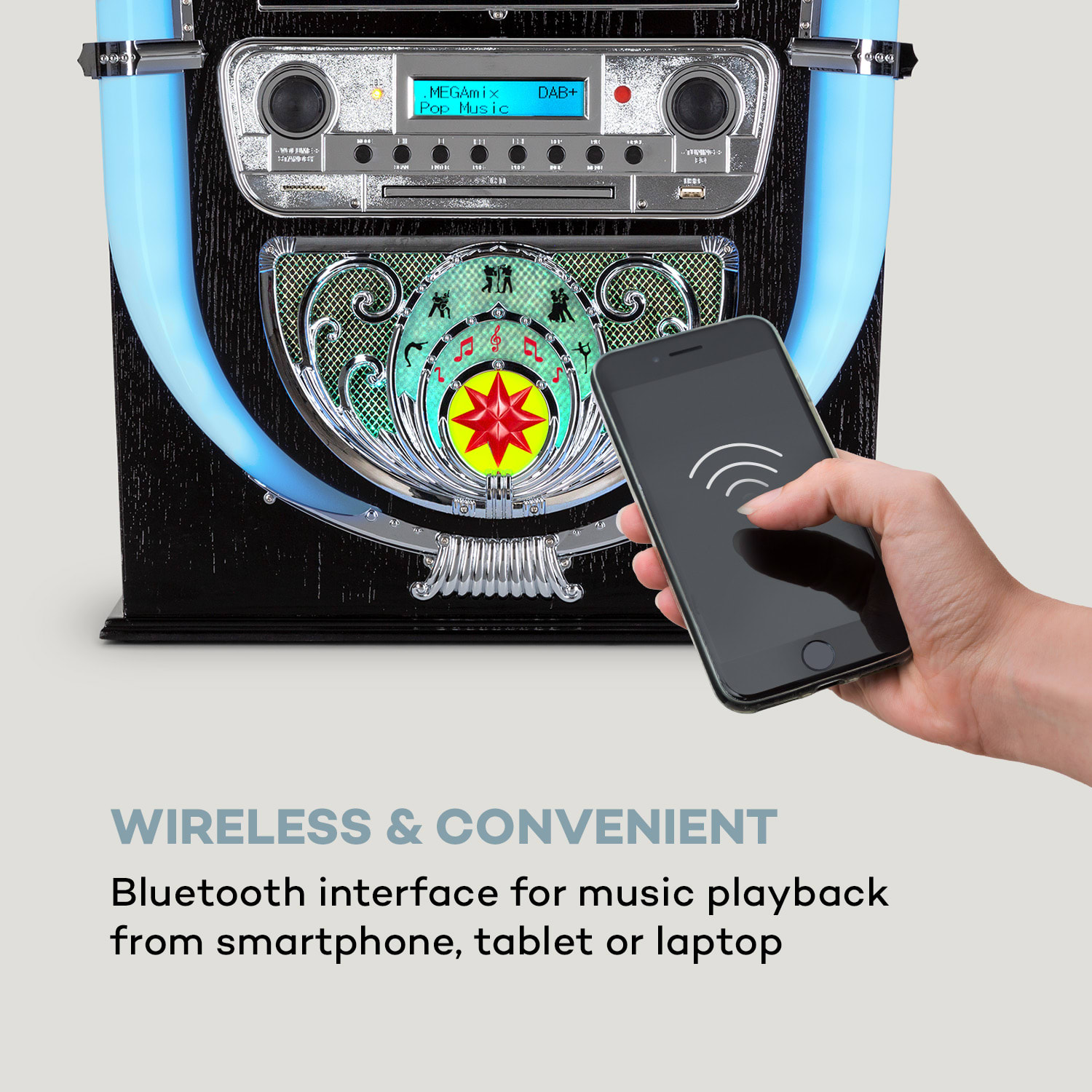 Auna Graceland Mini, Jukebox, CD prehrávač, prehrávač platní, DAB+/FM rádio, LED – Obrázok 5