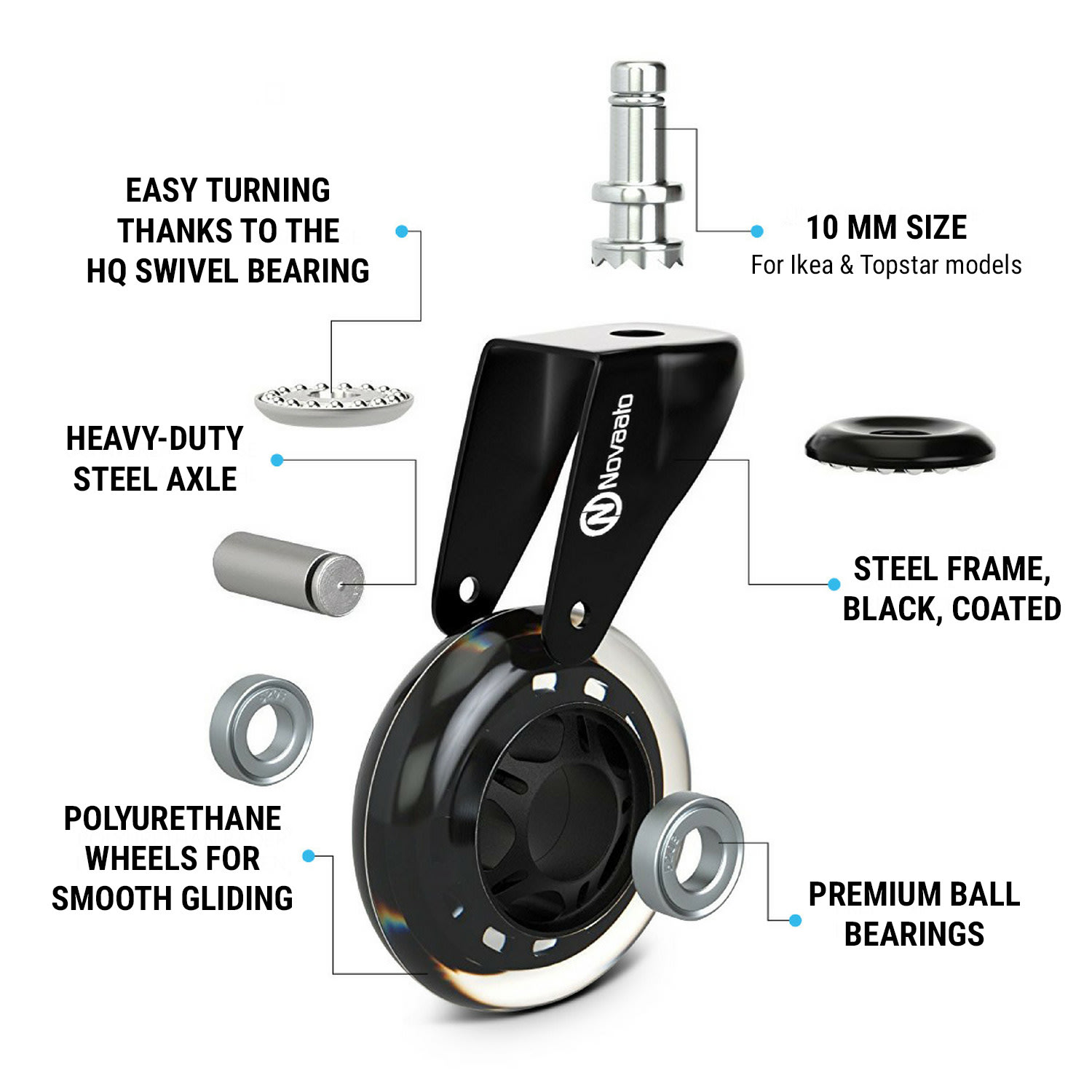 OneConcept Kolieska na kancelárske stoličky, 5 koliesok, 10 × 22 mm, otočné o 360°, vymeniteľné, bez škrabancov – Obrázok 3
