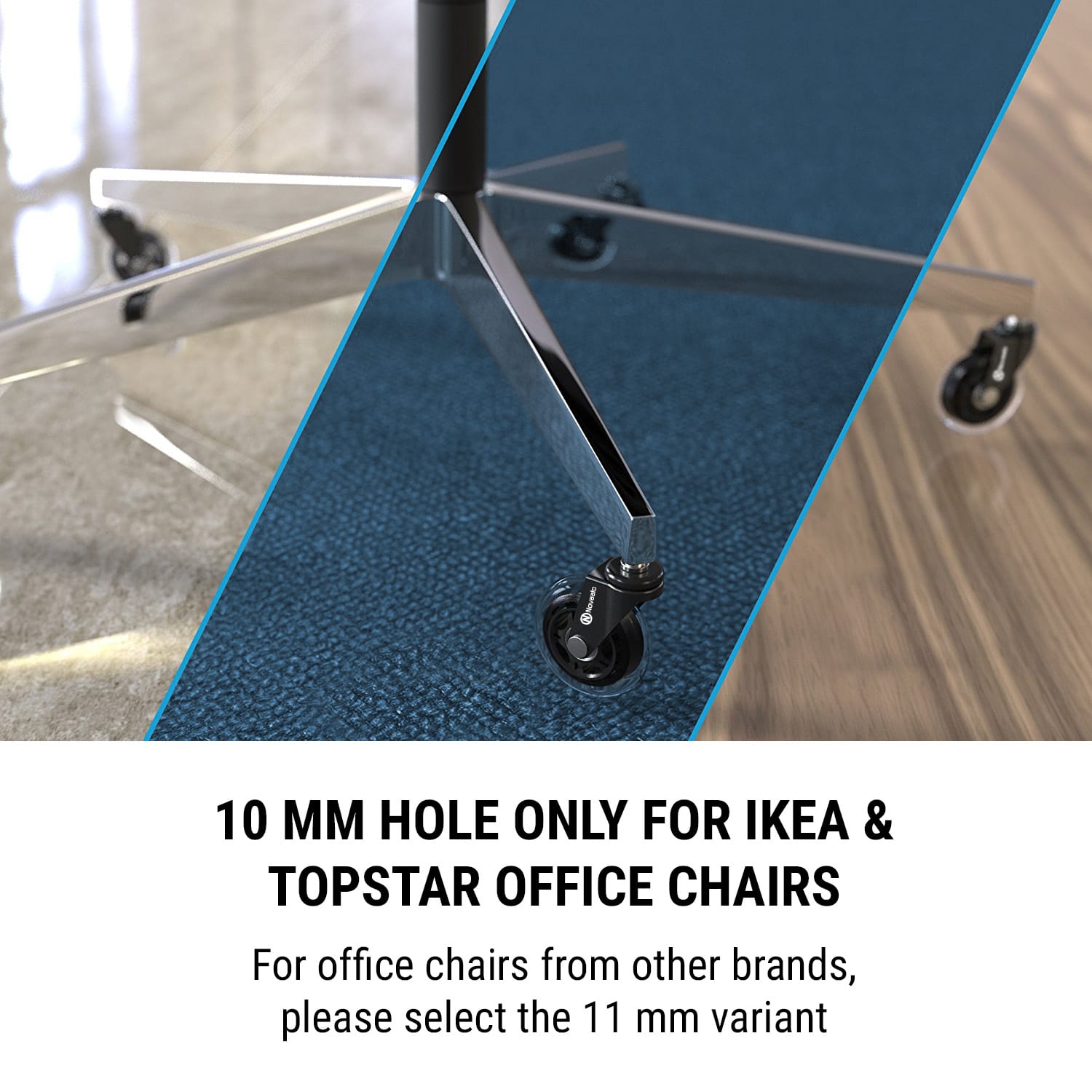 OneConcept Kolieska na kancelárske stoličky, 5 koliesok, 10 × 22 mm, otočné o 360°, vymeniteľné, bez škrabancov – Obrázok 5