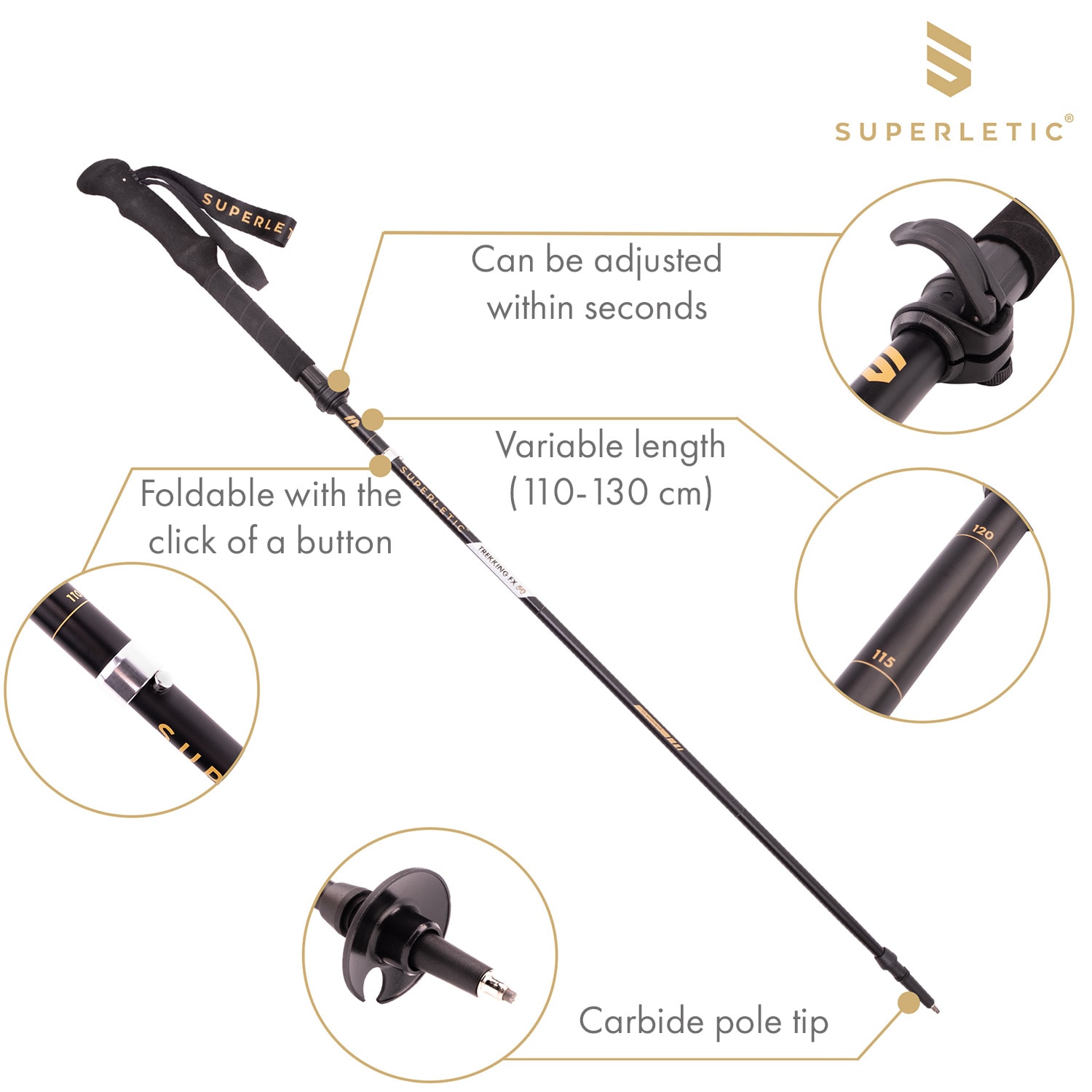 KLARFIT Burgos TX Elite, trekingové palice, 100 % karbón, skladacie, 100-130 cm – Obrázok 2
