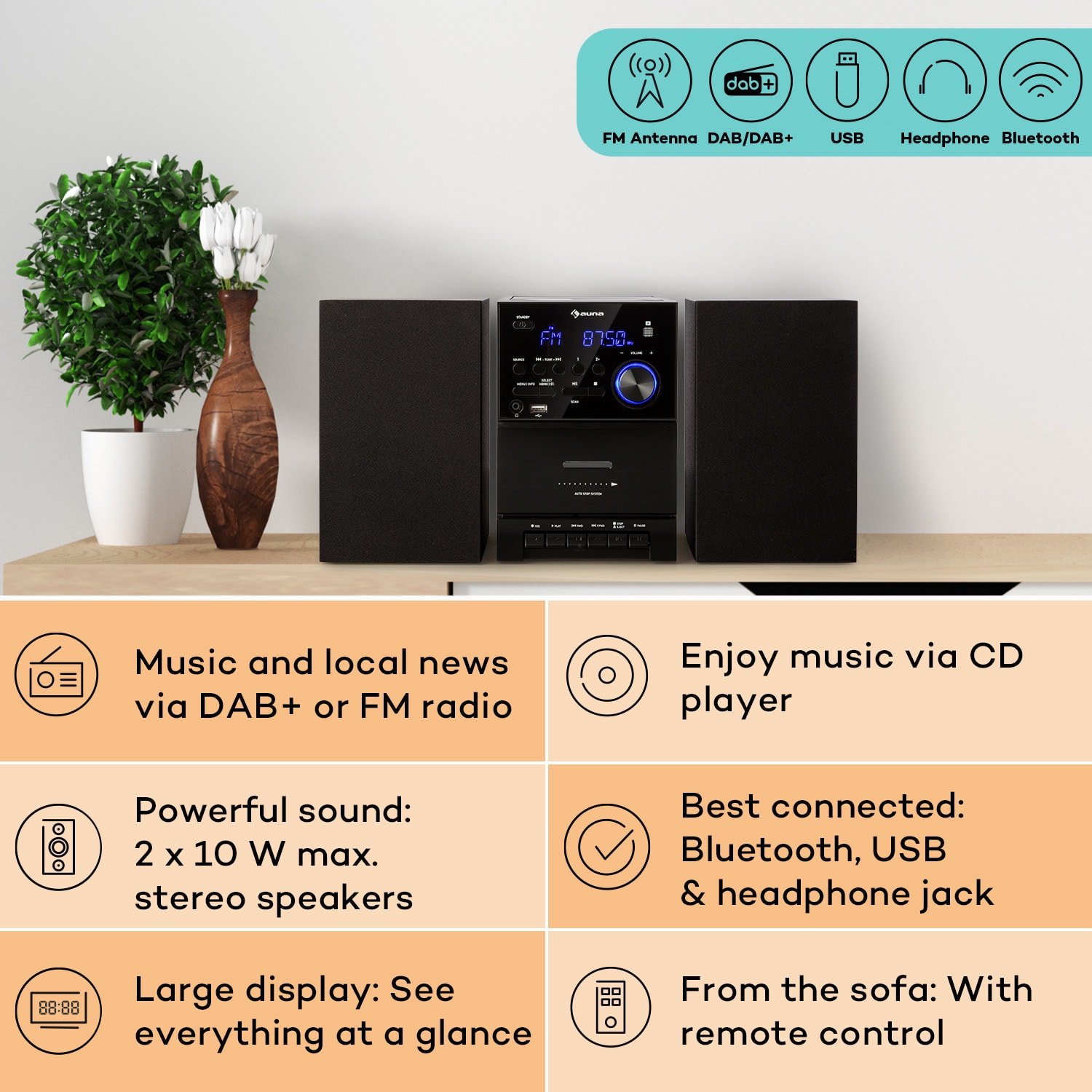 Auna MC-40 DAB, stereo systém, UKW/DAB+, Bluetooth, CD, kazeta, USB, diaľkový ovládač – Obrázok 2