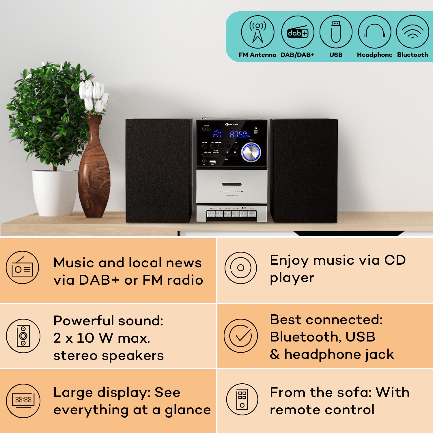 Auna MC-40 DAB, stereo systém, UKW/DAB+, Bluetooth, CD, kazeta, USB, diaľkový ovládač – Obrázok 2