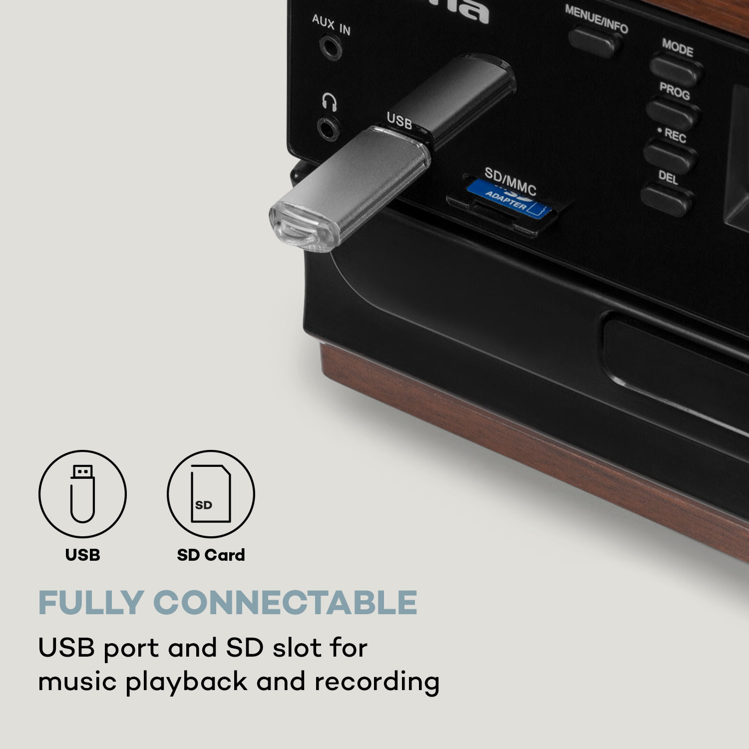 Auna Oakland DAB Plus, retro stereo systém, DAB+/FM, BT funkcia, vinyl, CD prehrávač, kazetový prehrávač. vrátane reproduktorov – Obrázok 4